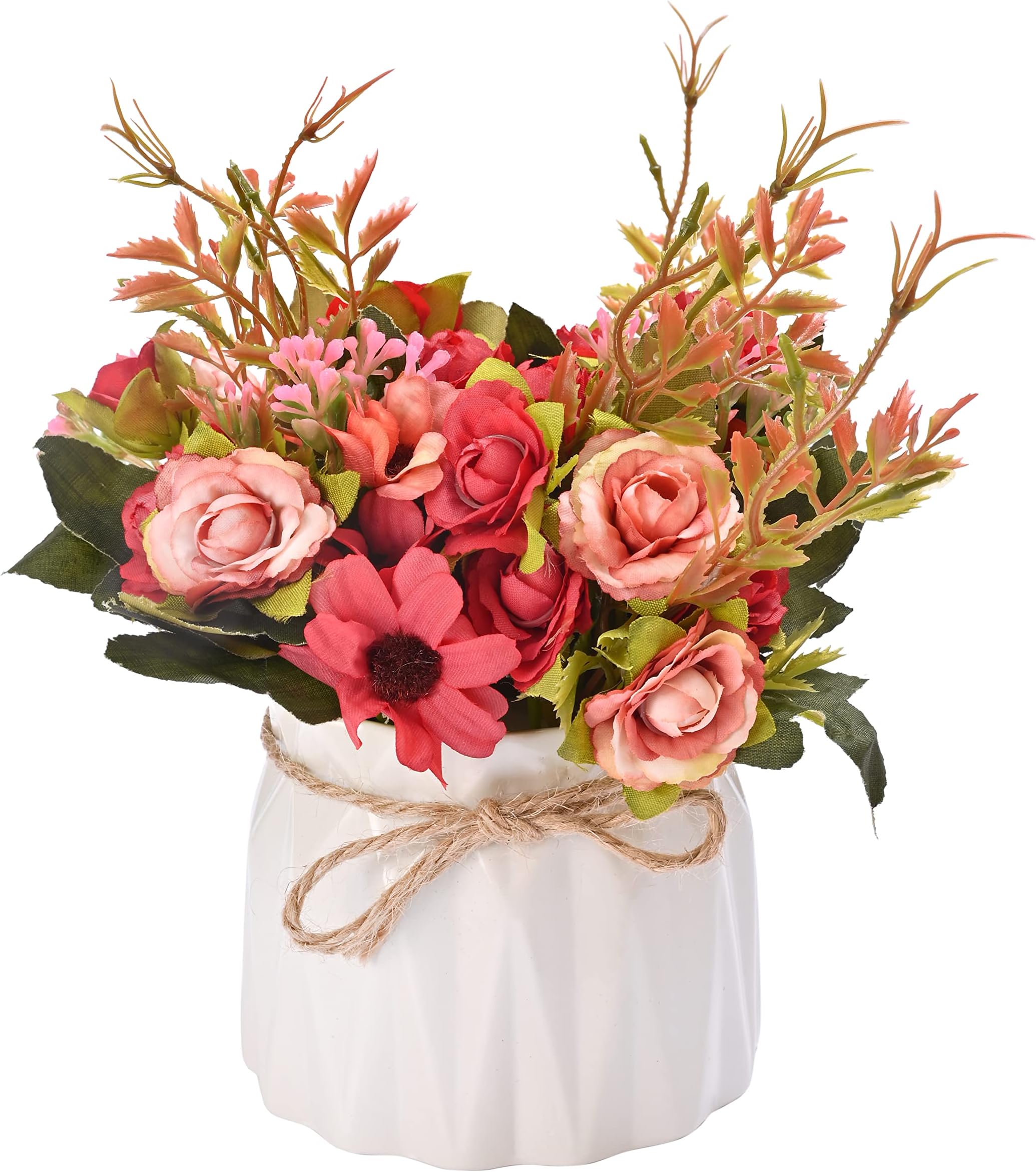Yorkmills Artificial Flowers with Vase, Fake Flowers Silk Rose Bouquets Arrangements in Ceramics Pot Table Centerpieces Decoration for Home Dining Room Wedding Decor