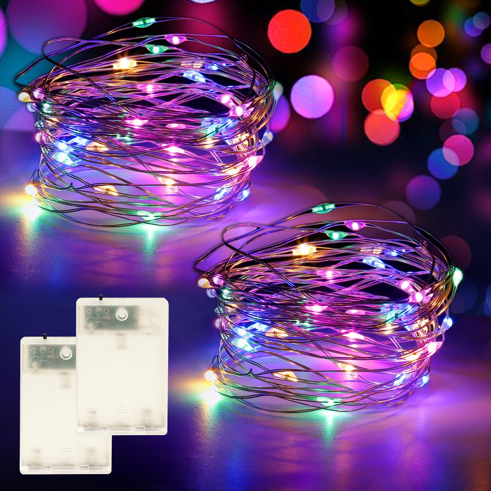 YPHSOL Fairy Lights Battery Operated String Lights 16.4ft 50LED Flashing and Constant Light Waterproof Silver Wire for Christmas DIY Party Wedding Decoration (Multicolor, 4 Pack): Multicolor 2 Pack