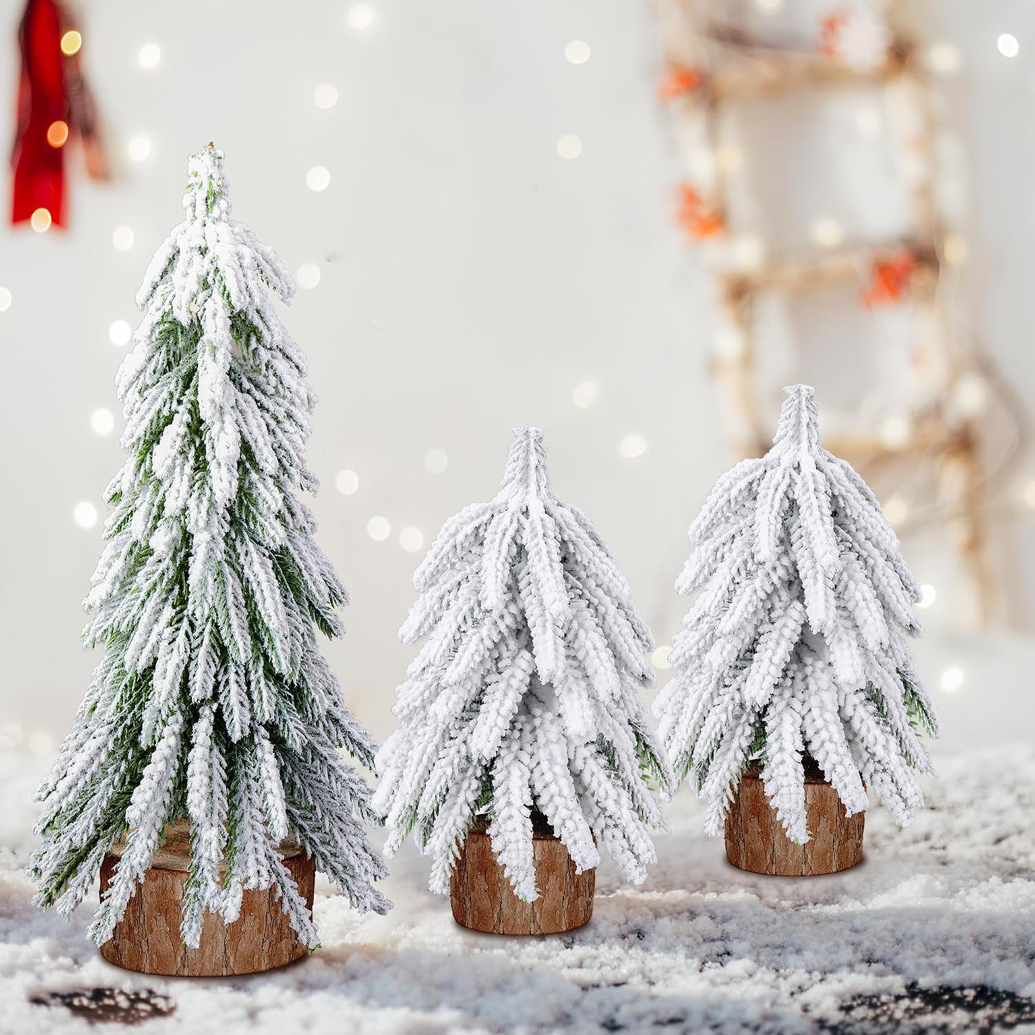 Iceyyyy 3 Pcs Snow Tabletop Christmas Trees,2 Size Snow Flocked Mini Tabletop Pine Trees with Wooden Base,Artificial Desk Christmas Trees for Xmas Holiday Home Party Table Decorations
