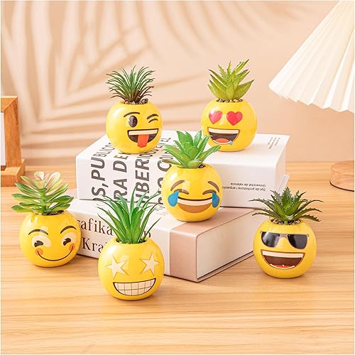 HEYO-YEPY 6 piezas de lindas plantas artificiales de emoji para mujeres y hombres, divertida decoración de plantas de escritorio para oficina y