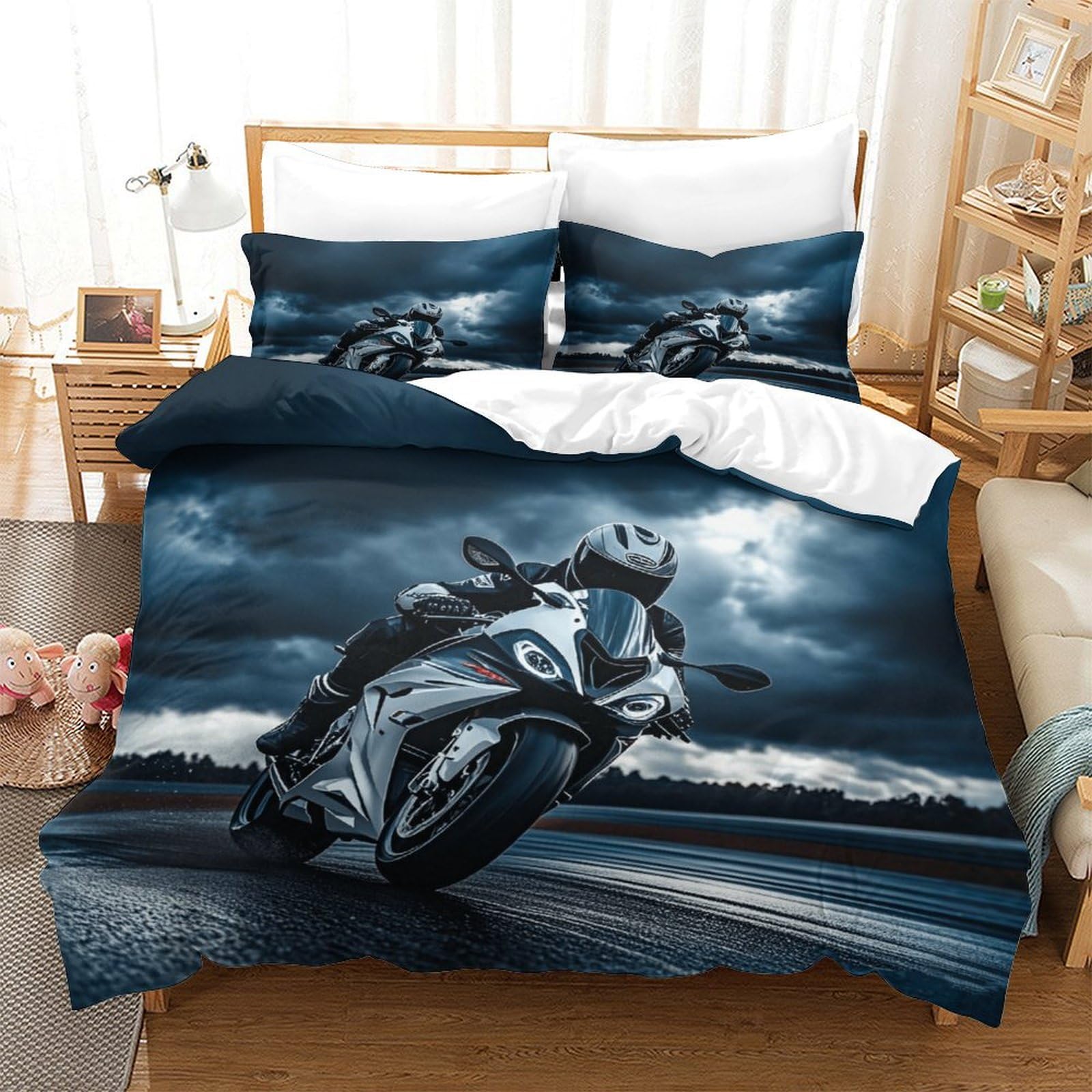 XiaopangXY Breathable TT Motorcycle Design Duvet Cover Set with Hidden Zipper Motorcycle Quilt Cover Set with Pillowcases Bedding Set Soft Microfiber Comforter Cover King（220x240cm）