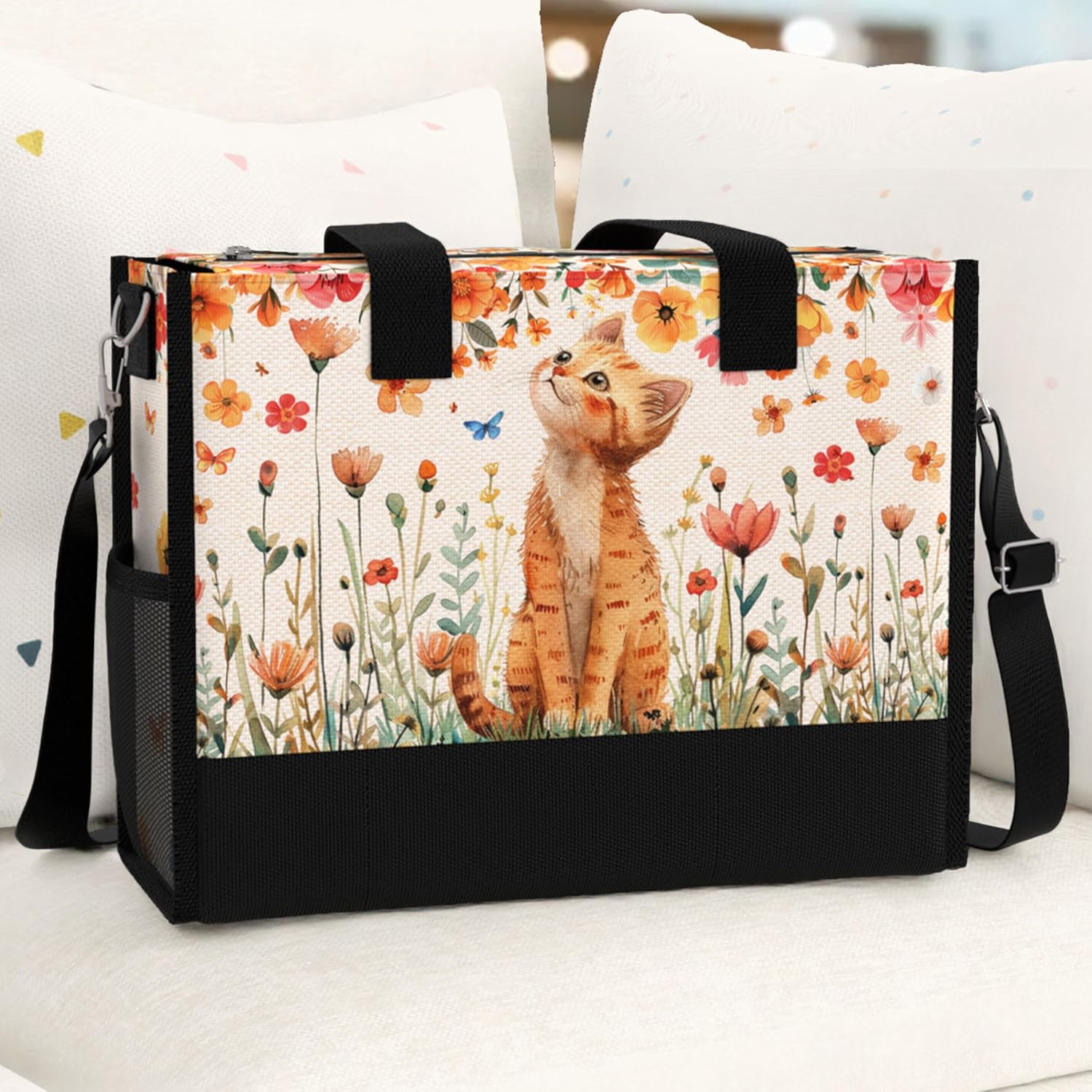 84hoods Large Tote Bag for Women with Pockets and Zipper for Travel, Work, Grocery. Gift for Cat Lover.