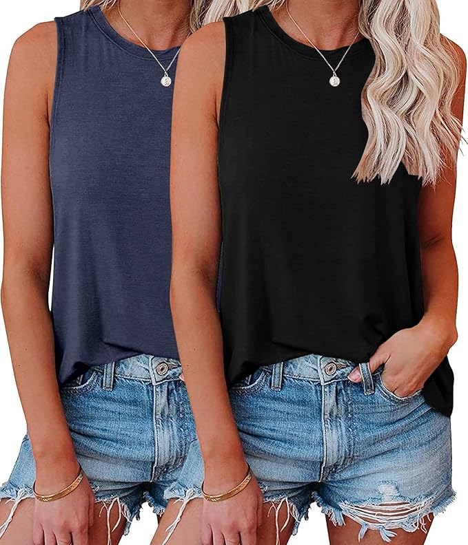 KKJ 2 Pack Womens Tank Tops Workout Tees Summer Clothes Fashion Outfits Crew Neck Sleeveless Loose Fit Fall Casual Shirts