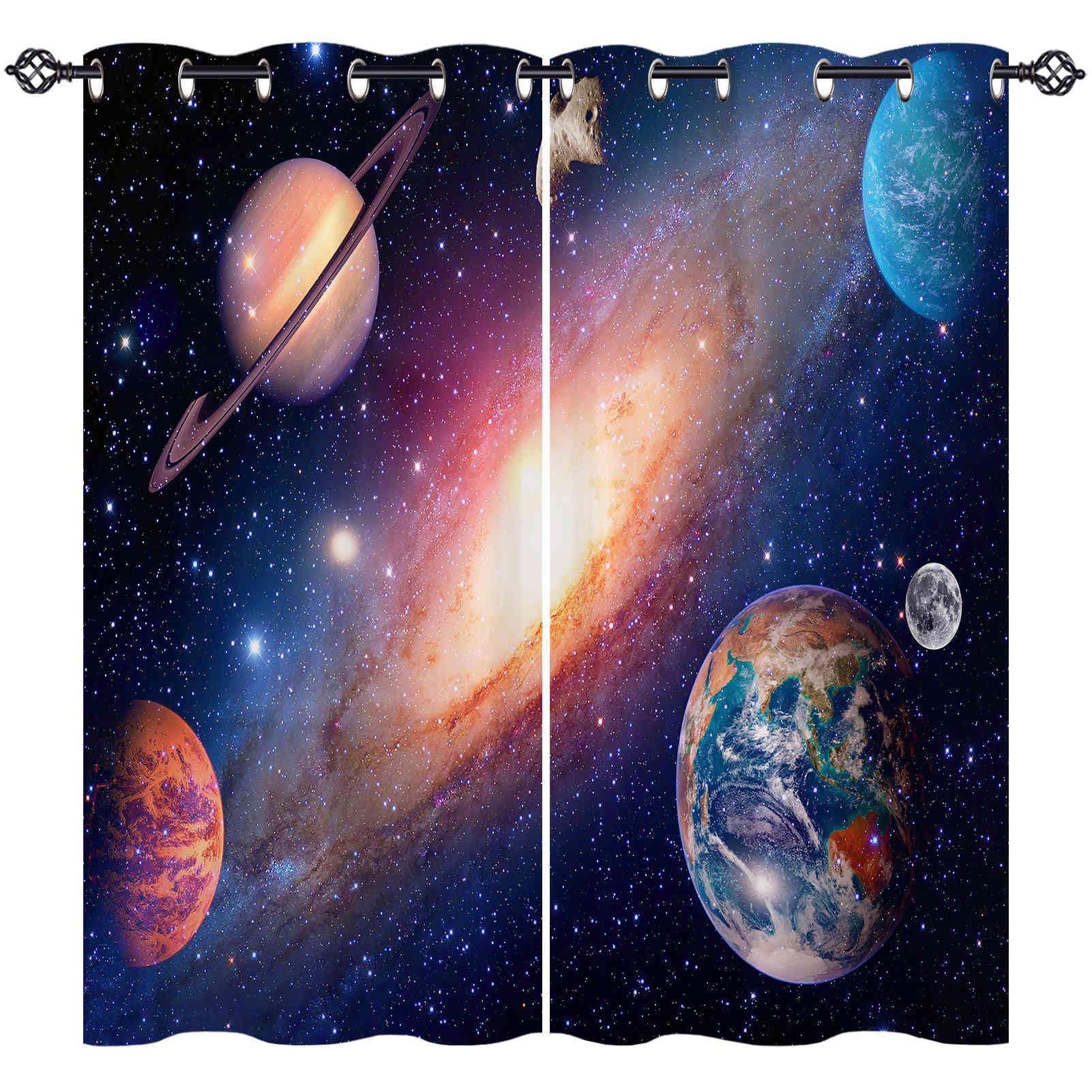 ANHOPE Planet Curtains Eyelet Ring Top Thermal Insulated 80% Blackout Curtains Space Galaxy Earth Print Pattern Soft Window Drapes for Bedroom Living Room 30 x 63 Inch 2 Panels