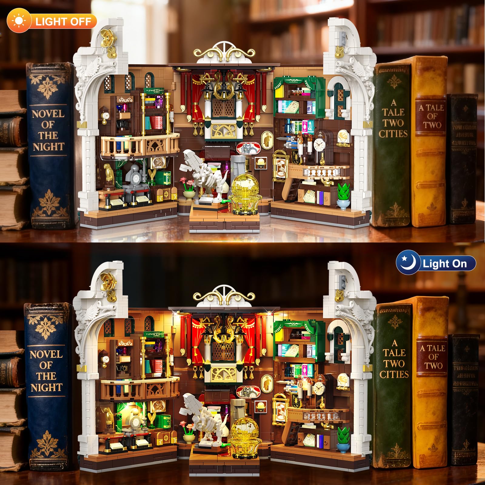 INSOON Dinosauriermuseum Book Nook Bauspielzeugset für Erwachsene mit Licht | DIY Booknook Klemmbausteine Baustein Set Haus Dekor, 1500 Stück Miniatur Haus Bauset Geschenk für Kinder Mädchen Jungen 12+