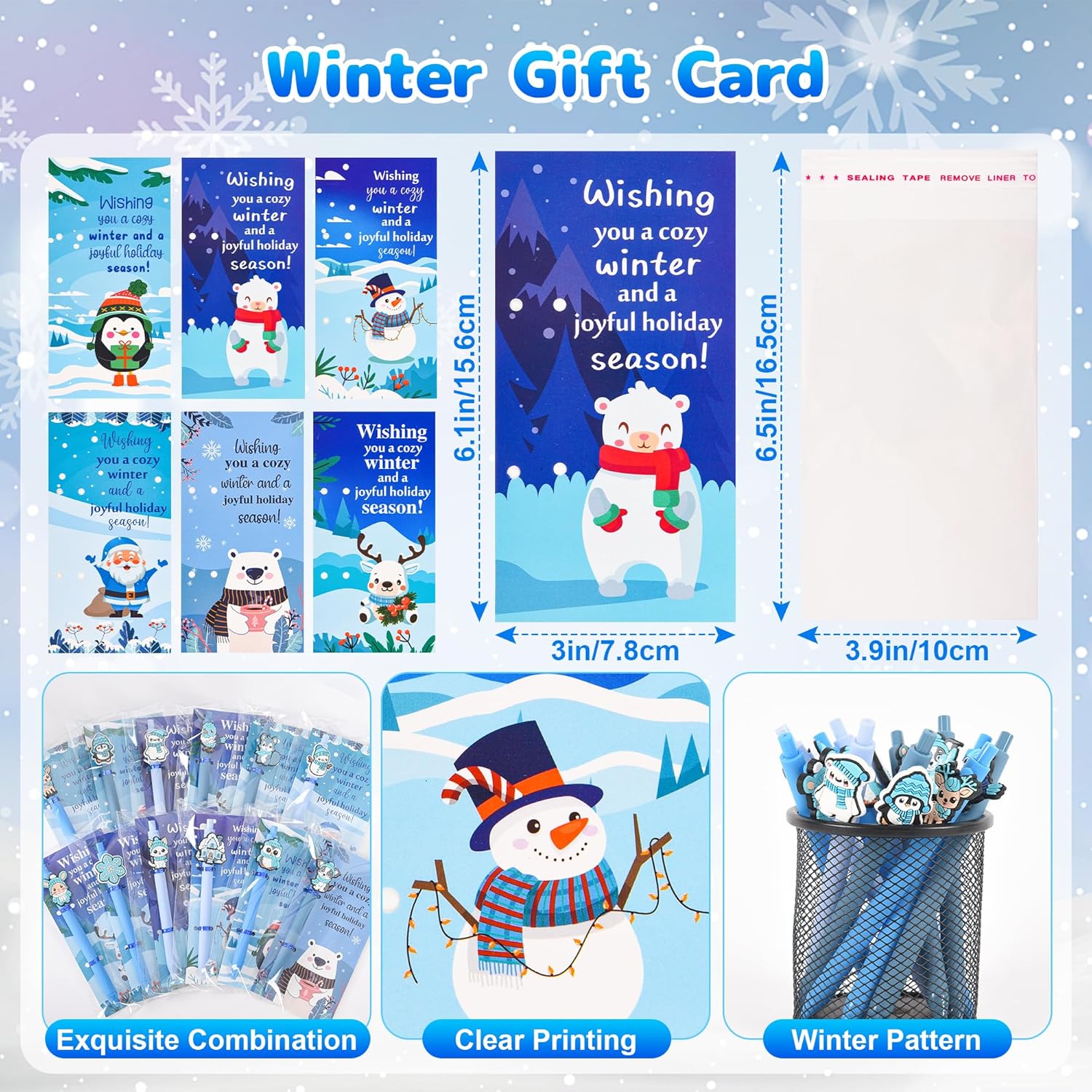 LiYiQ 48 Pcs Winter Gifts Cartoon Cute Fun Ballpoint Pens with Bookmark Kawaii Snowmen Penguins Cats Snowflakes and Polar Bears Shape Funny Pens Bulk for School Office Home Student Kids Present