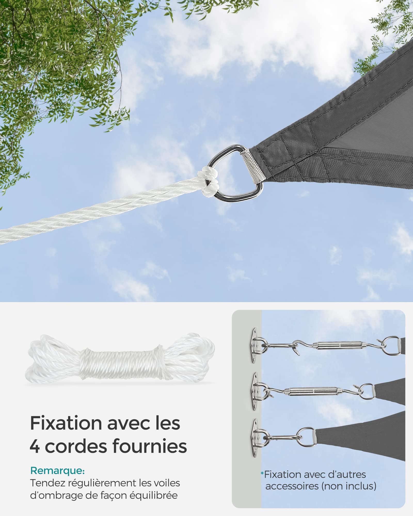 SONGMICS Voile d'Ombrage 3 x 3 m, Hydrofuge Colonne d’Eau de 665 mm, Polyester Anti-déchirure, Protection UV 93%, Terrasse, Jardin, Balcon, Carré, Cordes de 2 m, Gris Anthracite GSH33GYV1