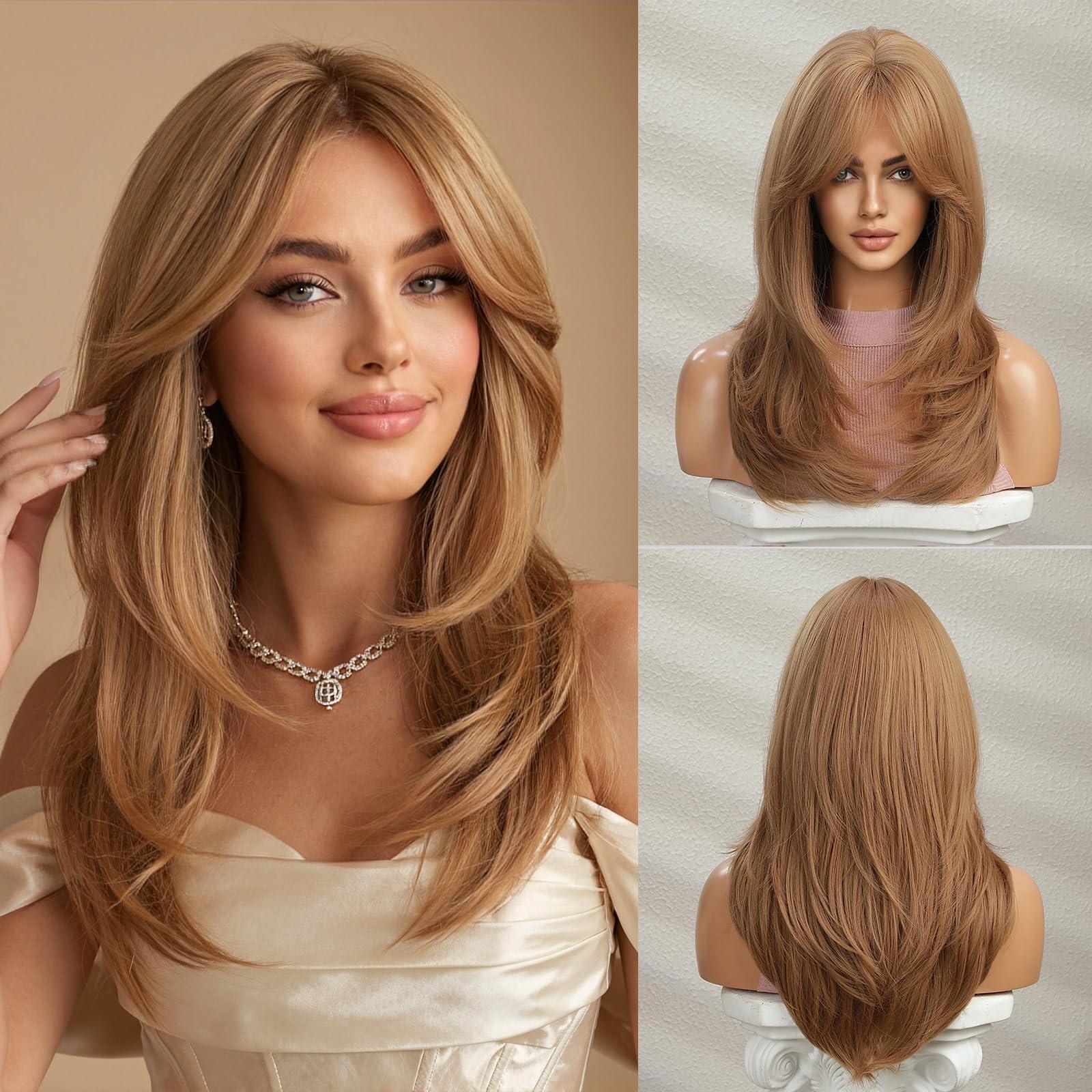 Esmee Długie Proste Truskawkowe Blond Peruki dla Kobiet Naturalne Warstwowe Syntetyczne Włosy Peruka z Grzywką do Codziennych Imprez Cosplay 20 Cali