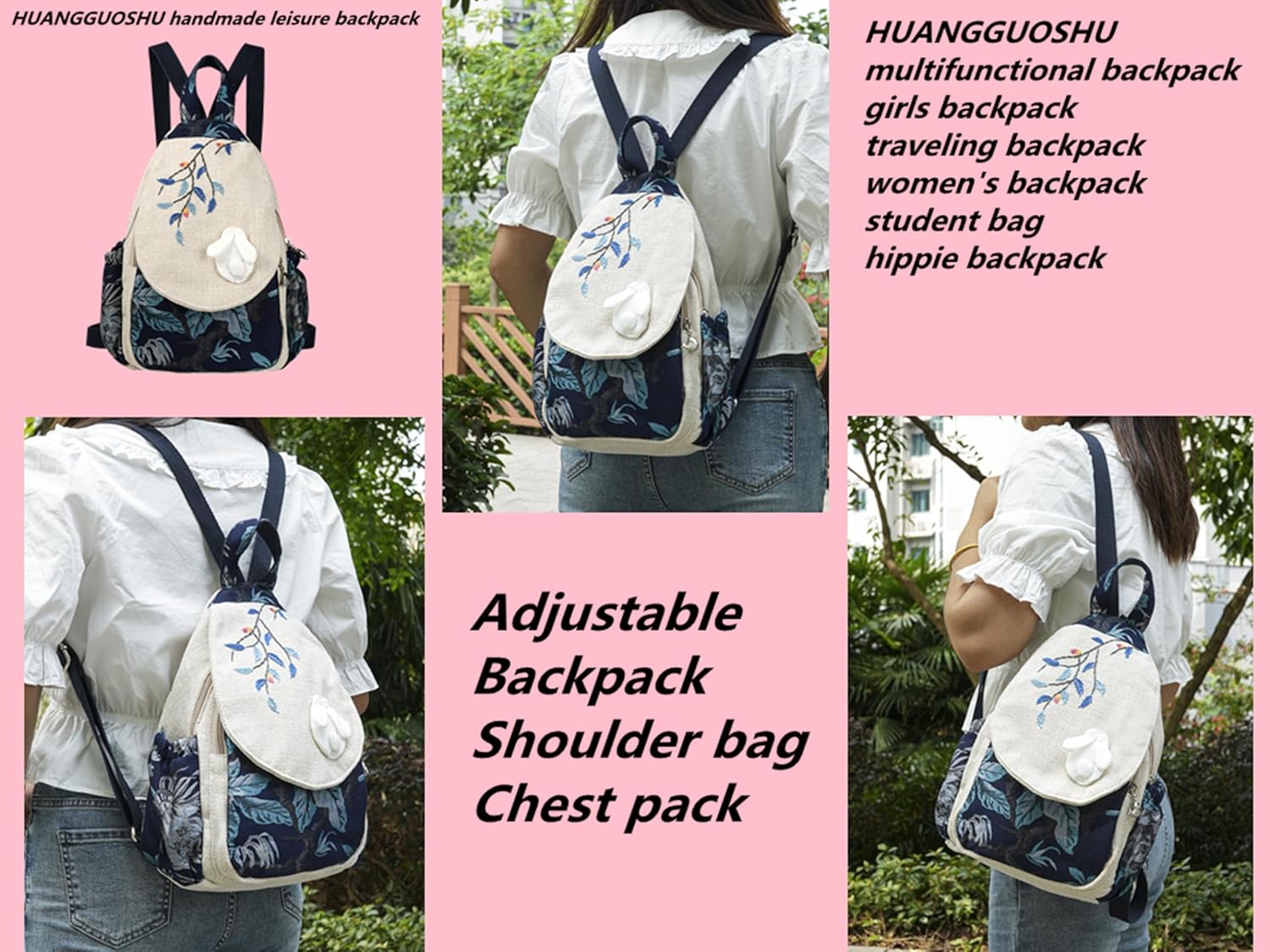 HUANGGUOSHU Bohemian Hand Knit Mini Backpack for Women - Original Creation with Three-Dimensional Decoration, Multi-Pocket Design, Ideal Gift for Mother's Day, Birthdays, and Teen Celebration-Rabbit - Image 2