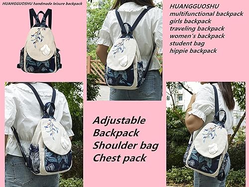 Vista 138 de HUANGGUOSHU Mujer de algodón tejido bohemio cáñamo Boho lona bordado múltiples bolsillos retro linda mochila cartera mochila mochila gato caprichoso