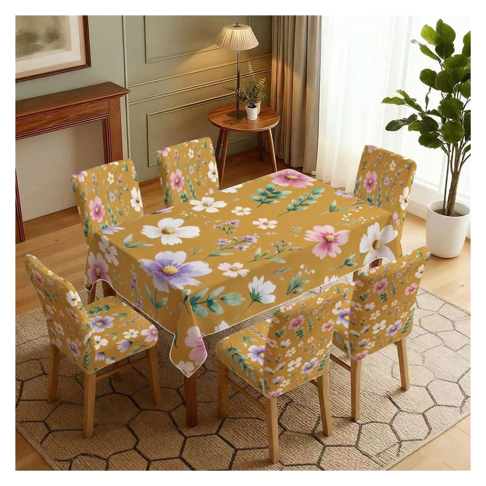 BOSUYBN Mustard Yellow Watercolor Floral Dining Tablecloth & Chair Cover Set, 5/7 Piece Soft Wildflower Slipcovers For Farmhouse Home Table Setting(7pcs Set: Tablecloth+Chair Covers)