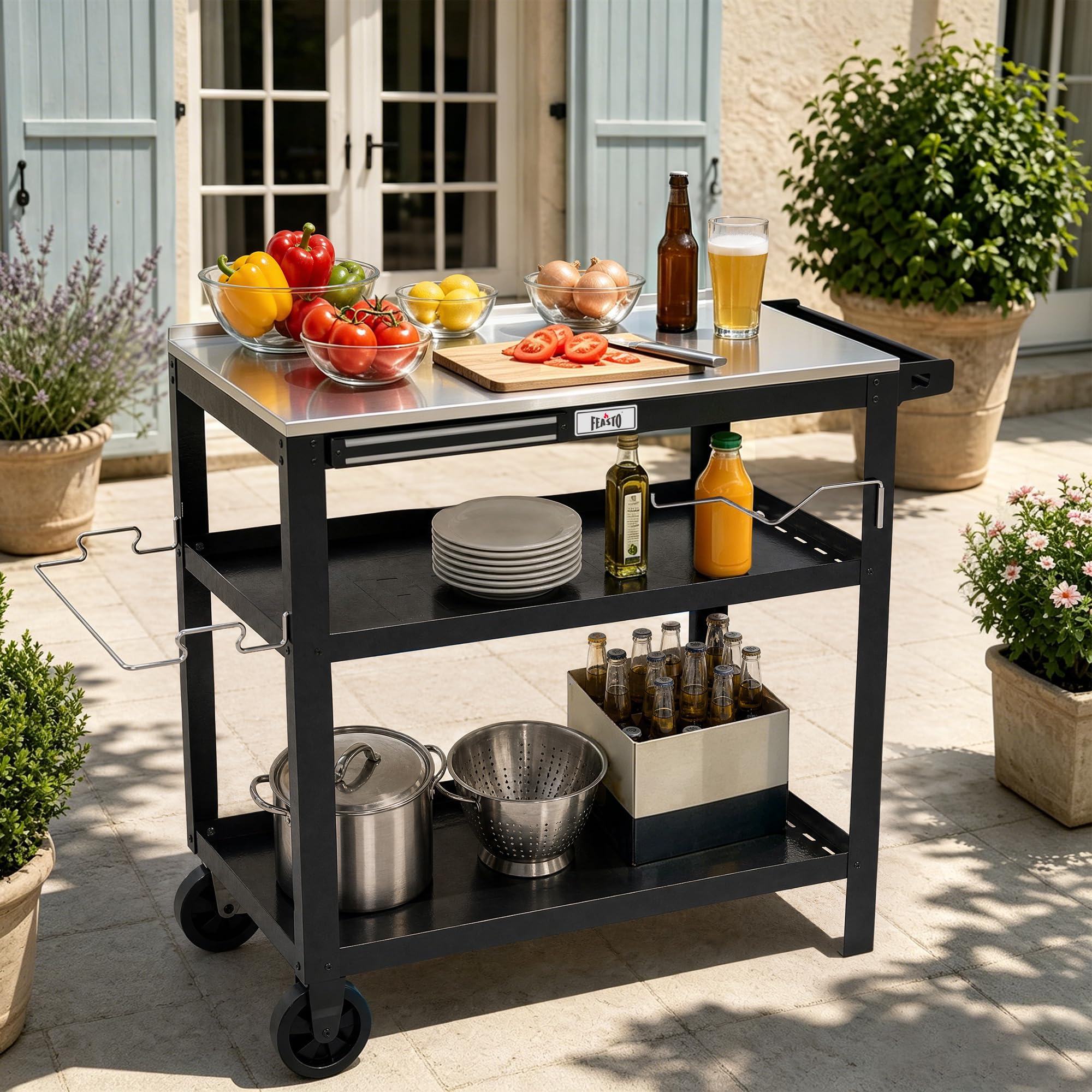 Feasto Desserte de Jardin avec Plateau en Acier INOX, Chariot pour Plancha à 3 étagères avec Barre Magnétique, Idéal pour Jardin et Terrasse, 90 x 46 x 82,5 cm