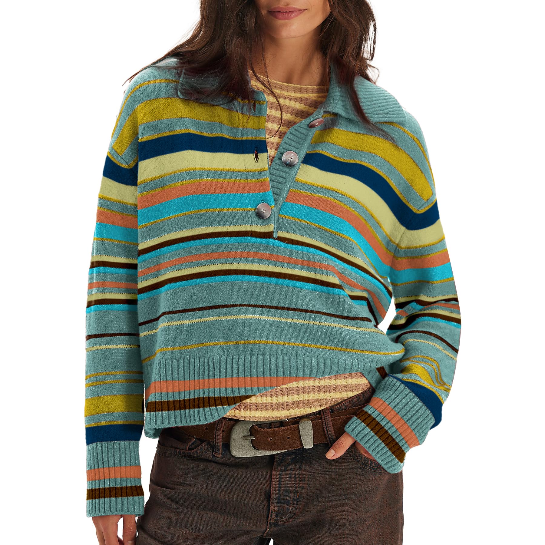 Ainangua Cropped Sweaters for Women Trendy Lapel Collared Striped Polo Pullover Tops Knit Fall Outfits Clothes