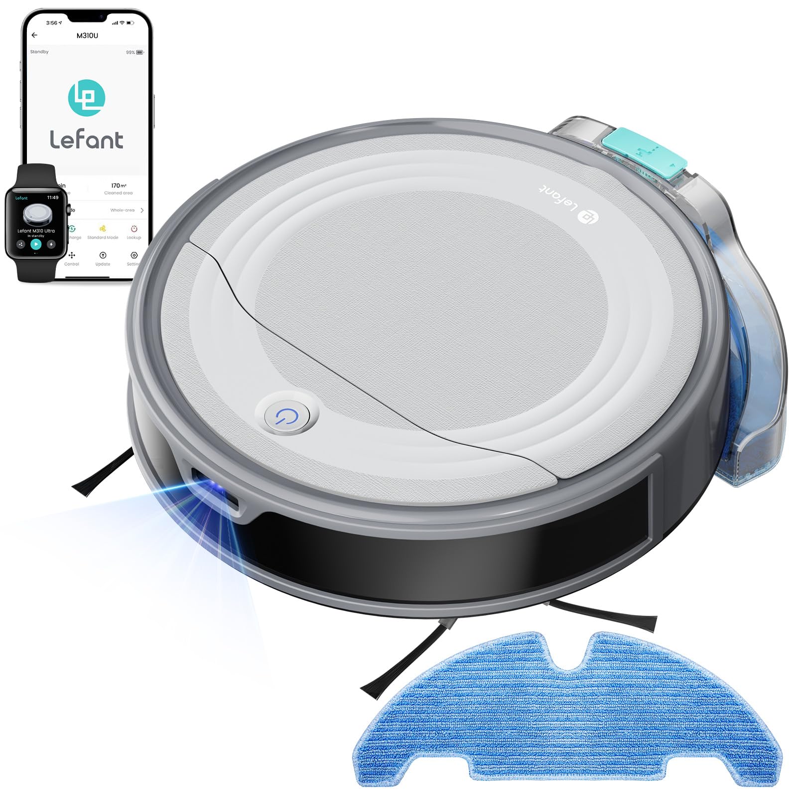 LEFANT M310 Ultra Robot Vacuum Cleaner and Floor Mop 3-in-1 with 6000Pa Suction, 170min, ToF Laser Mapping, 190° PSD Obstacle Evasion, Carpet Recognition, WiFi/App/Alexa, Gray