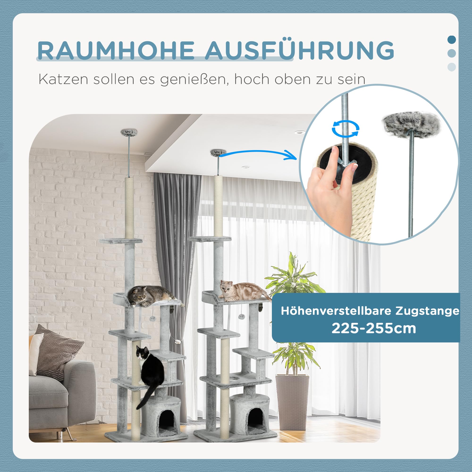 PawHut Krabpaal 225 255 Cm, In Hoogte Verstelbaar, Kattentoren Met 3 Krabpalen Wolkvorm En 2 Ballen 48 X 32 Wit 1331248282