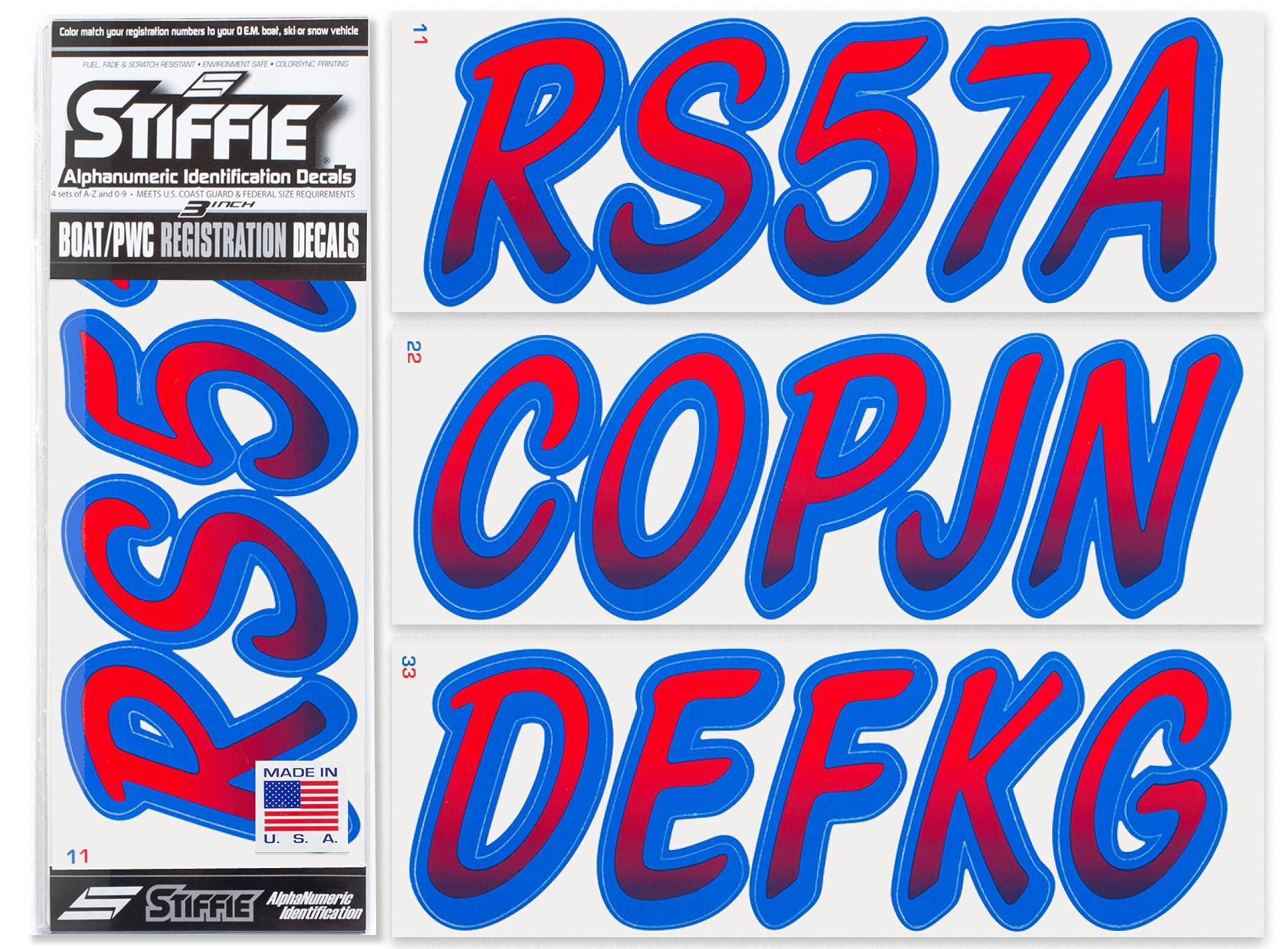 STIFFIE Whipline Red/Blue 3" Boat &amp; PWC Registration Decals • Numbers Letters Stickers