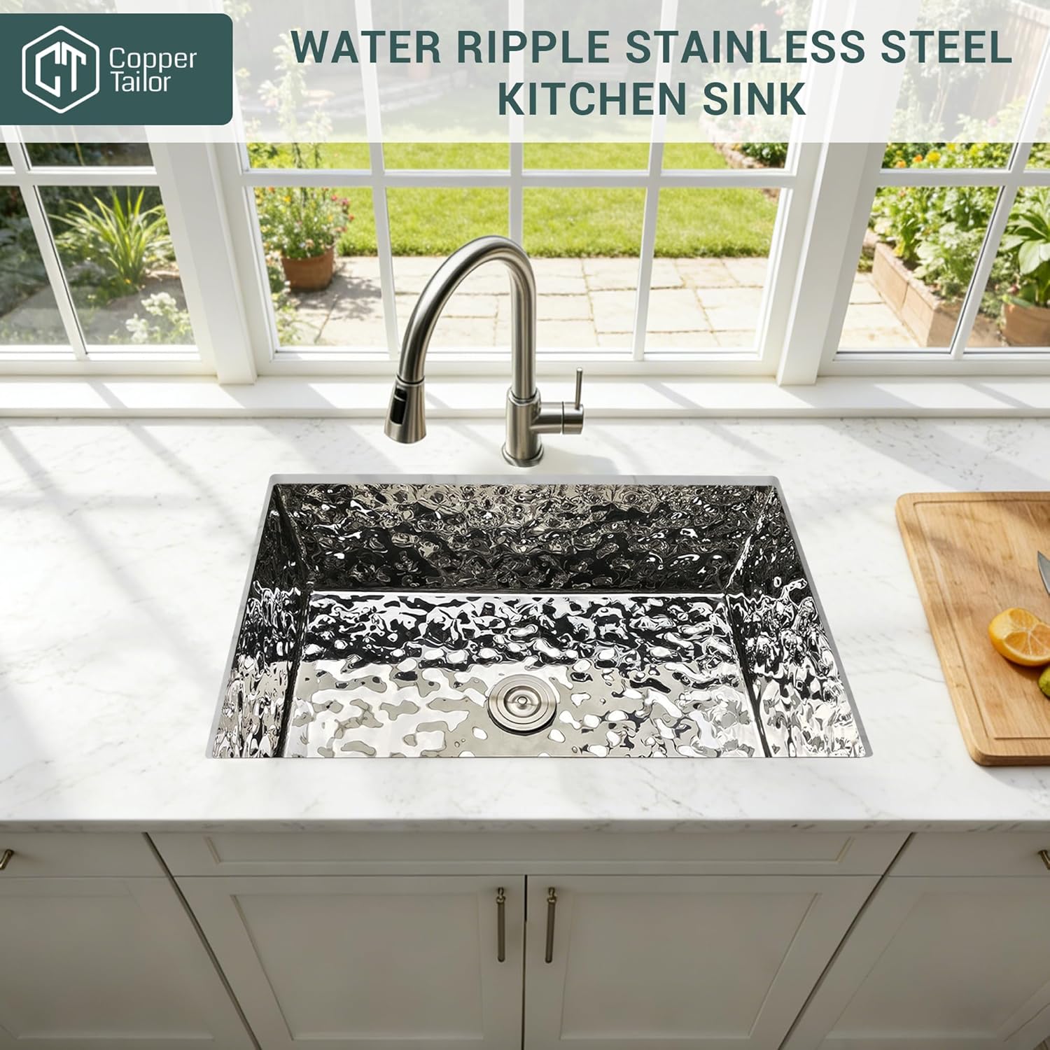 CT Copper Tailor 42"x 21.25" x 10" Water Ripple Stainless Steel Kitchen Sink,14 Gauge Thick, Undermount Deep Single Bowl Workstation Sink with Basket Strainer