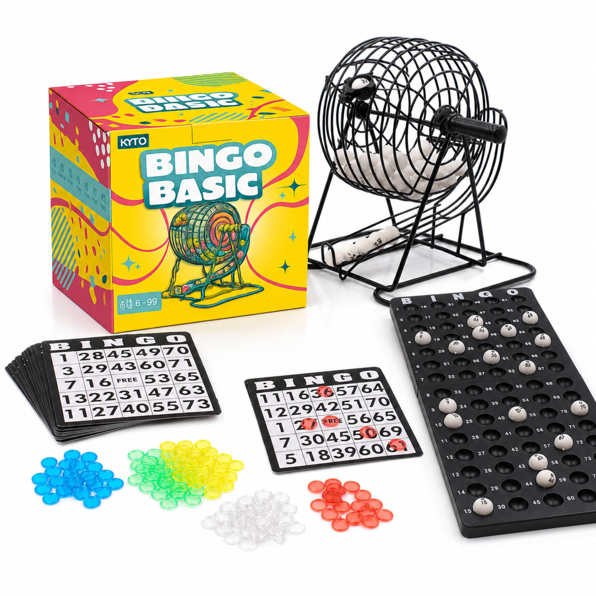 Kyto Bingo Game metalowy bęben 18 kart Bingo 75 piłek Bingo 150 żetonów gra planszowa czarna dorośli dzieci podstawowe (2026)