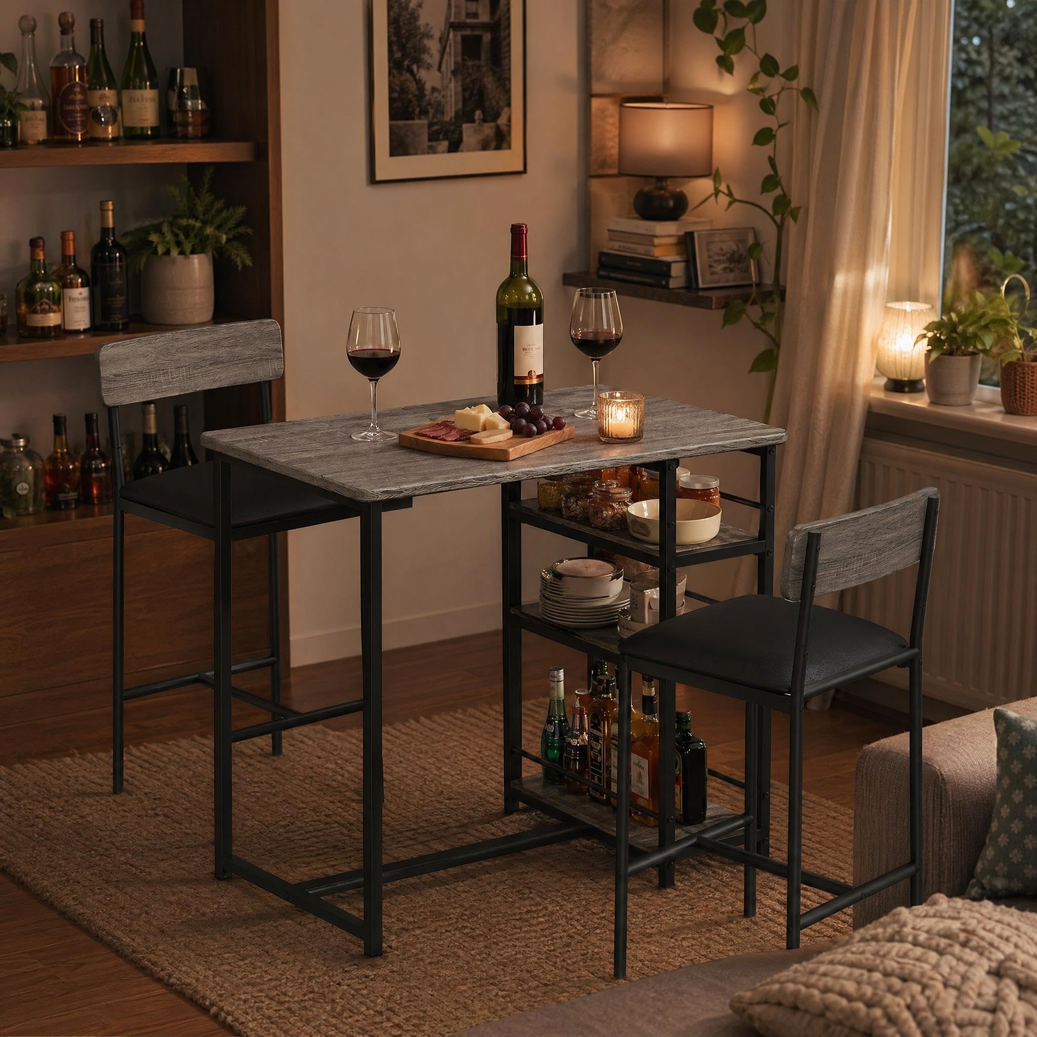 GarveeMore Breakfast Bar Table and Chairs Set for 2, Kitchen Dining Table with Upholstered Bar Stools & 3 Storage Shelves, 2 Seater Home Pub Set for Small Spaces, Flats & Studios, Grey