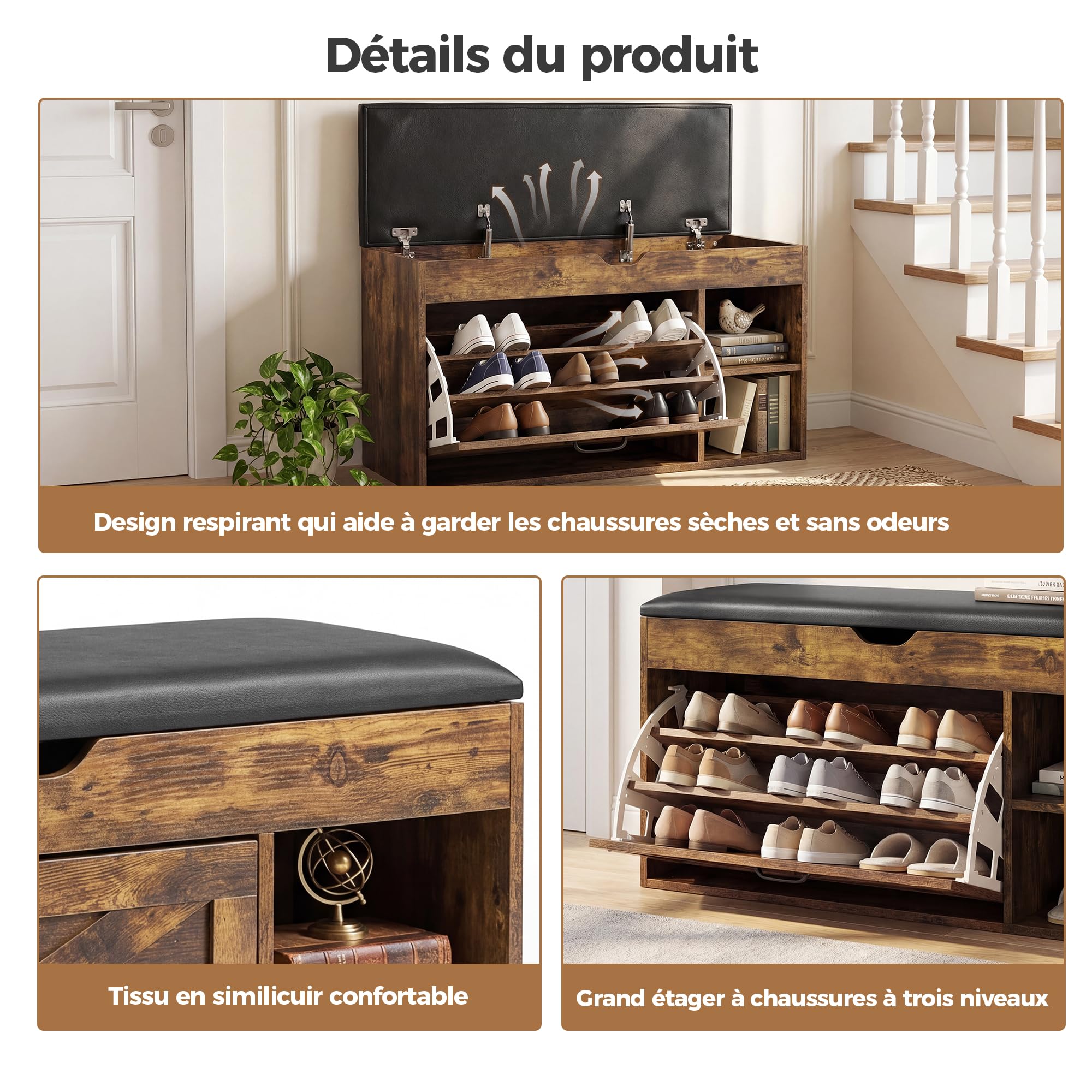 BonVache Banc à Chaussures avec Assise, Banc à Chaussures à 3 Compartiments avec Compartiment de Rangement, étagères réglables, étagère Salon ou l'entrée, Charge maximale de 150 kg, Marron Vintage