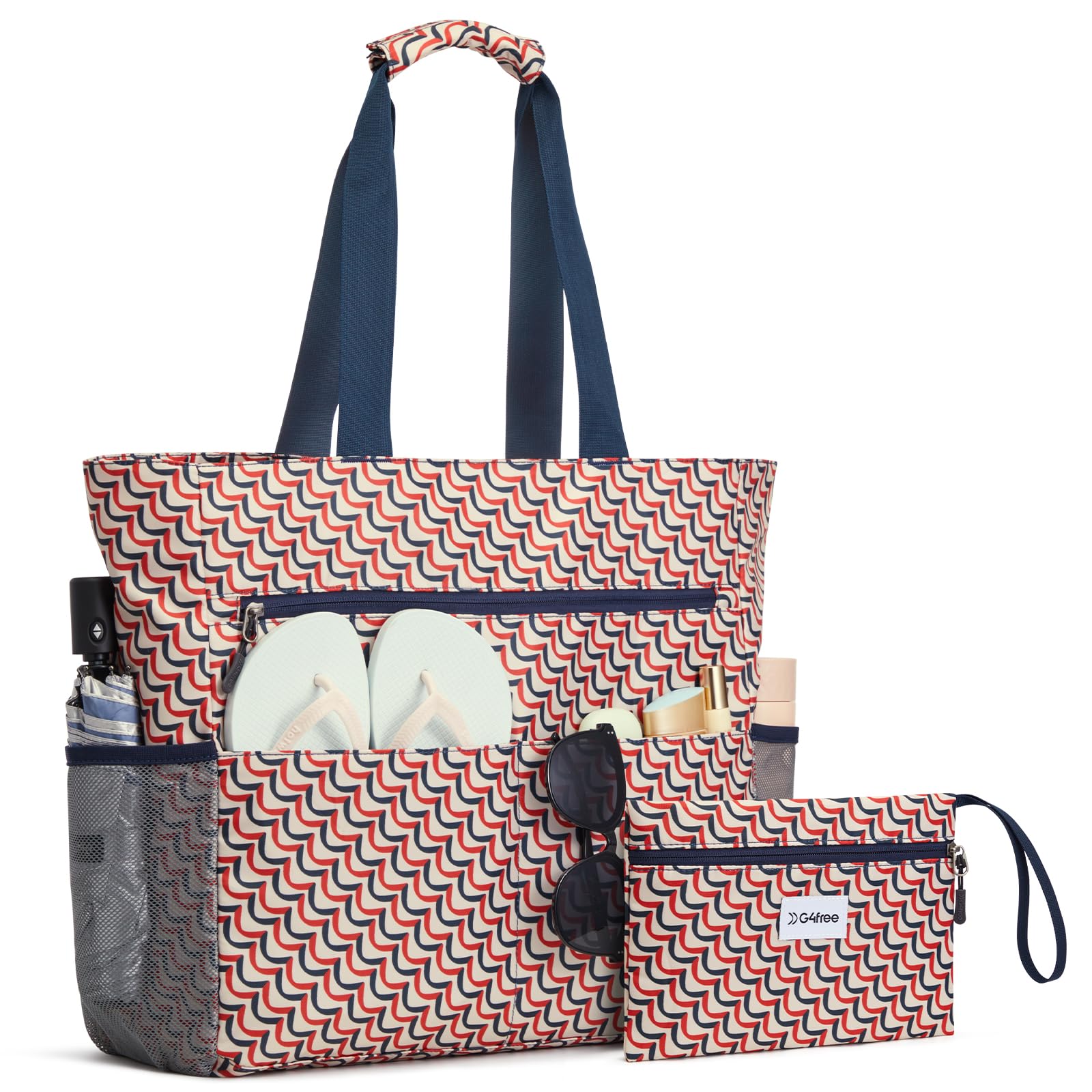 G4Free Beach Bag, Waterproof Sandproof Beach Tote Bag, Large Capacity Foldable for Women, Red Pattern