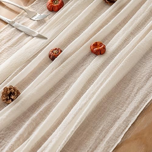 Miniatura 3 de Caminos de mesa rústicos de gasa color blanco marfil crema, 120 pulgadas y 10 pies, camino de mesa largo de tela de queso traslúcida para decoración