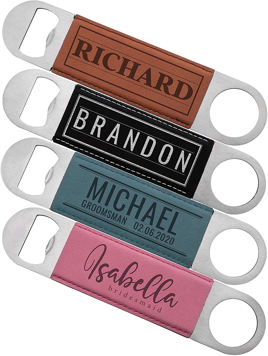 Personalized Groomsmen Bottle Openers - 10 Designs, Brown Leather Trim Stainless Steel Custom Bottle Opener for Groomsmen - Bachelor Party & Wedding Gift