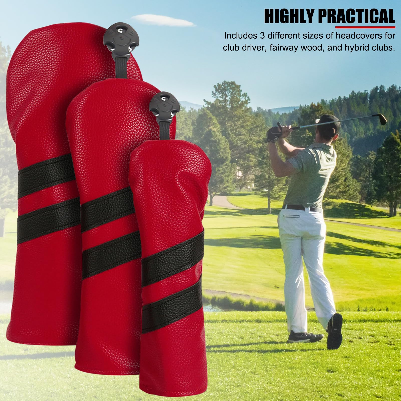 Golfschläger-Headcover-Set, 3 PU-Leder-Driver-Headcover, Fairway-Holz-Hybrid-Cover, drehbares Etikett, Schlägerschutz, Golfzubehör