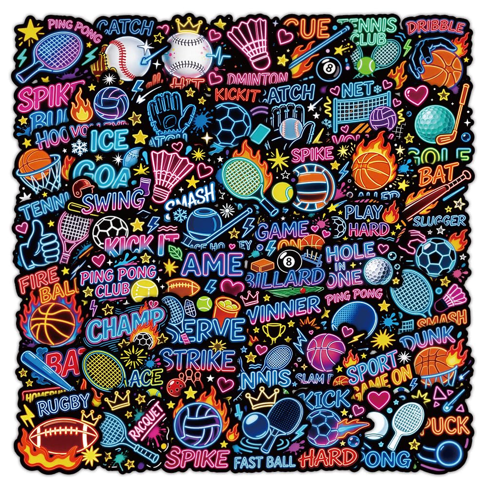 55Pcs Sports Stickers Neon Vinyl Decals for Laptops Skateboards Luggage Helmets Bikes and Phones Fans Lovers and Athletic Vibe Enthusiasts