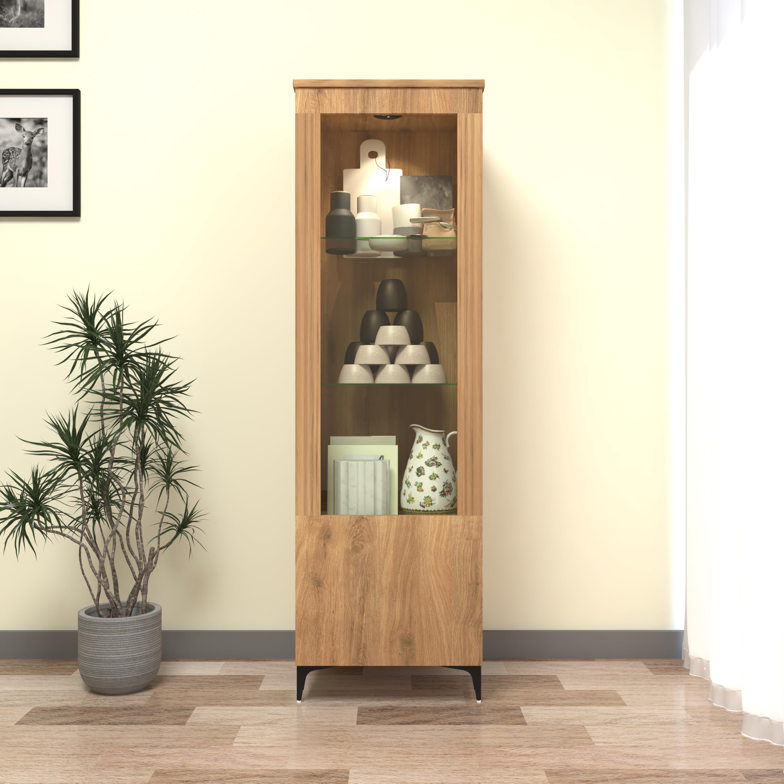 Elowen Crockery Unit | Crockery Cabinet with Acrylic Door | Engineered Wood Crockery Cupboard | Finish: Wood Oak Dark-image-43