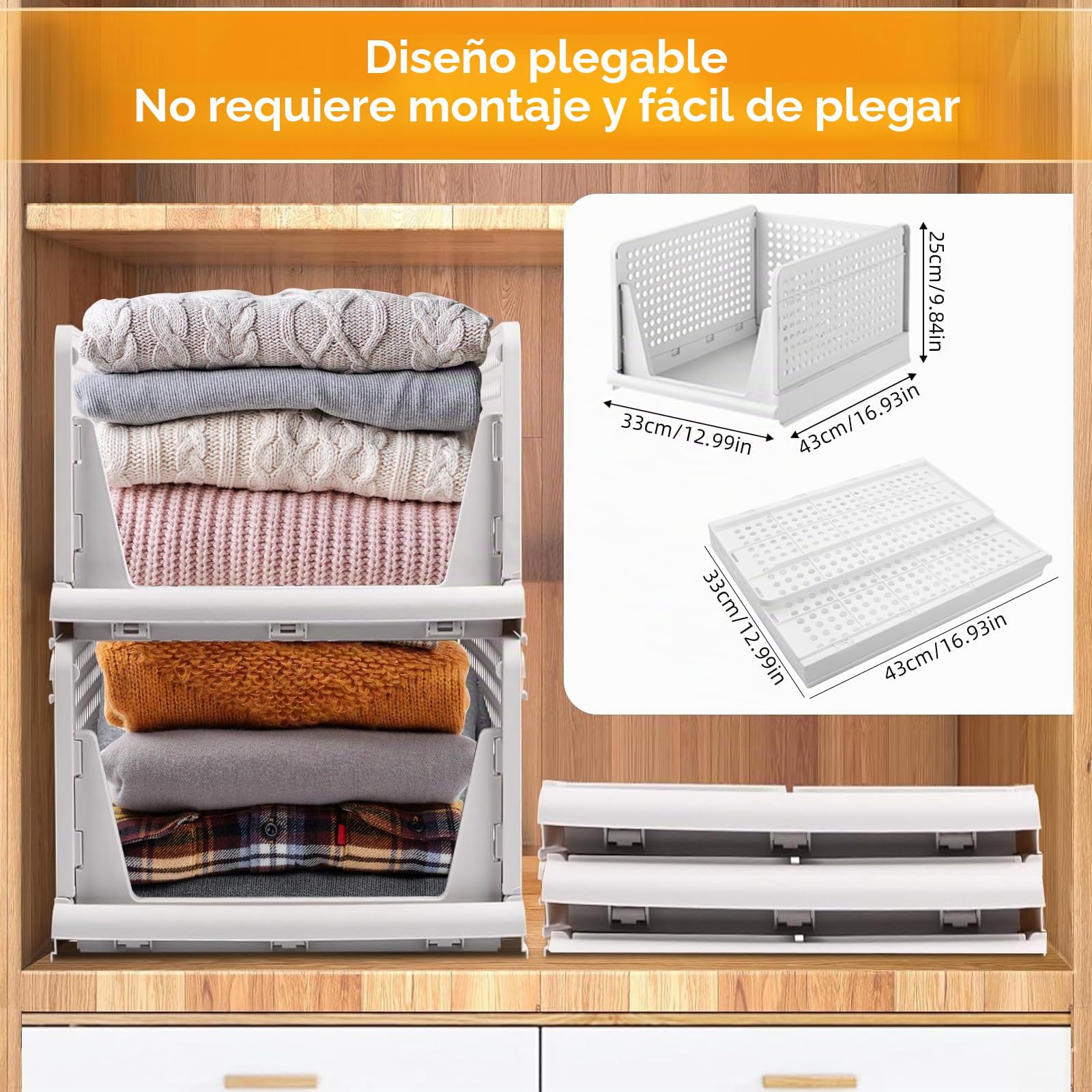 Organizador de almacenamiento para armario, 4 piezas cestas apilables grandes – 43x33,5x25cm, contenedores de almacenamiento de plástico para armario, hogar, oficina, lavandería, ropa