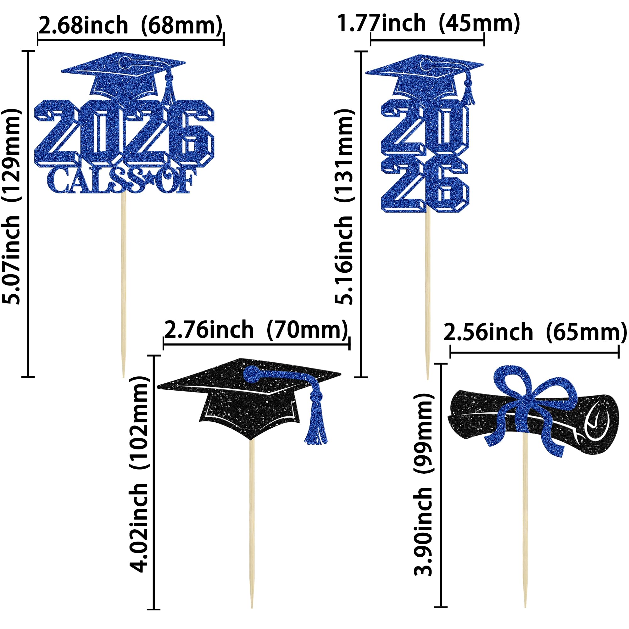 Gyufise 36Pcs 2026 Graduation Theme Cupcake Toppers Glitter Class of 2026 Graduation Cap Diploma Cupcake Picks 2026 Graduated Theme Party Cake Decorations Supplies Dark Blue - Image 2