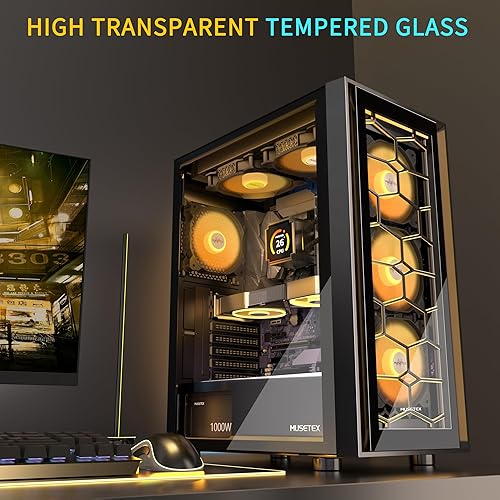 Miniatura 3 de MUSETEX Carcasa ATX para PC, 6 ventiladores PWM ARGB preinstalados, funda de PC para juegos de torre media, carcasa de computadora con doble vidrio