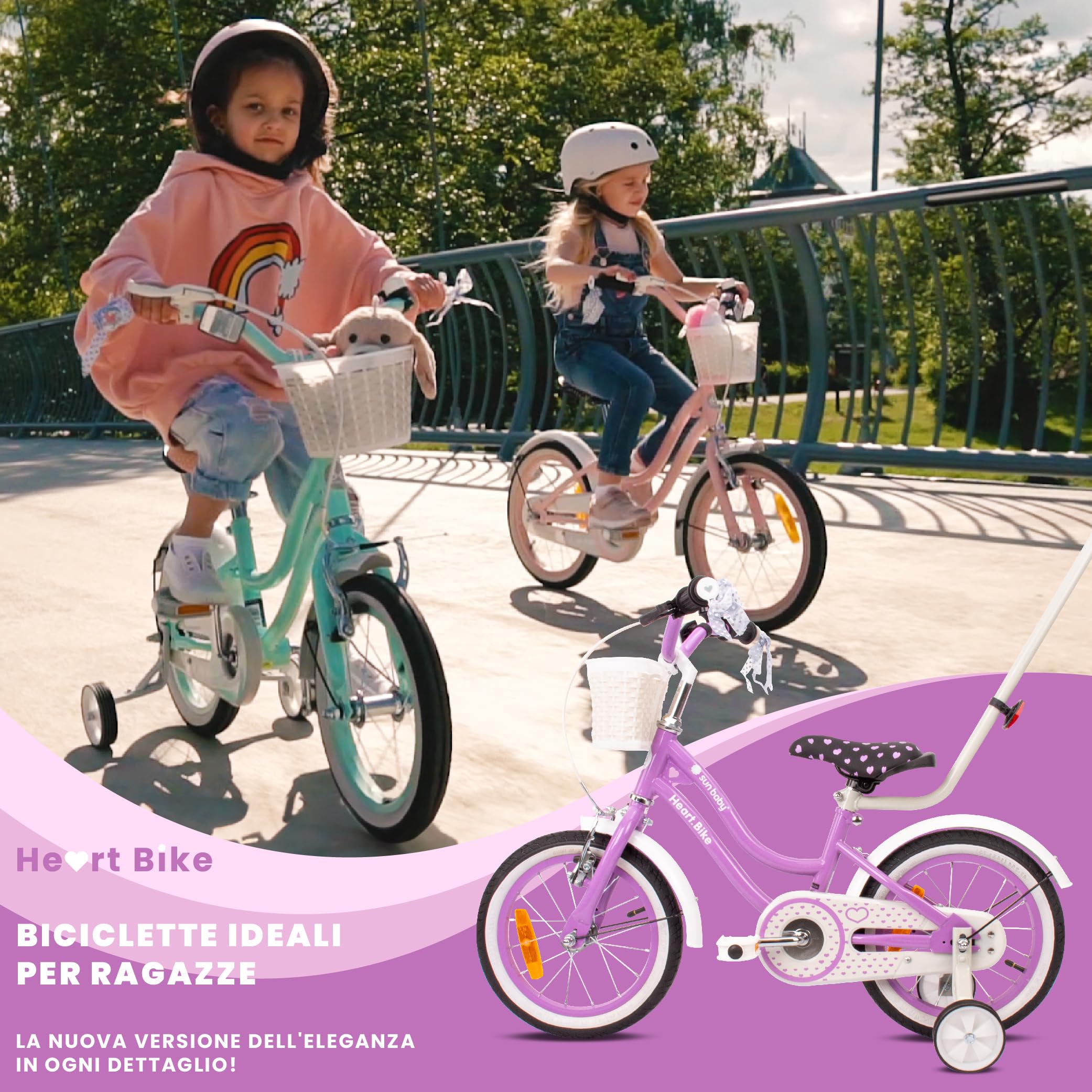 Sun Baby Heart Bike Bicicletta bambina 12/14/16 pollici, bici con rotelle, barra di spinta, cestino, campanello