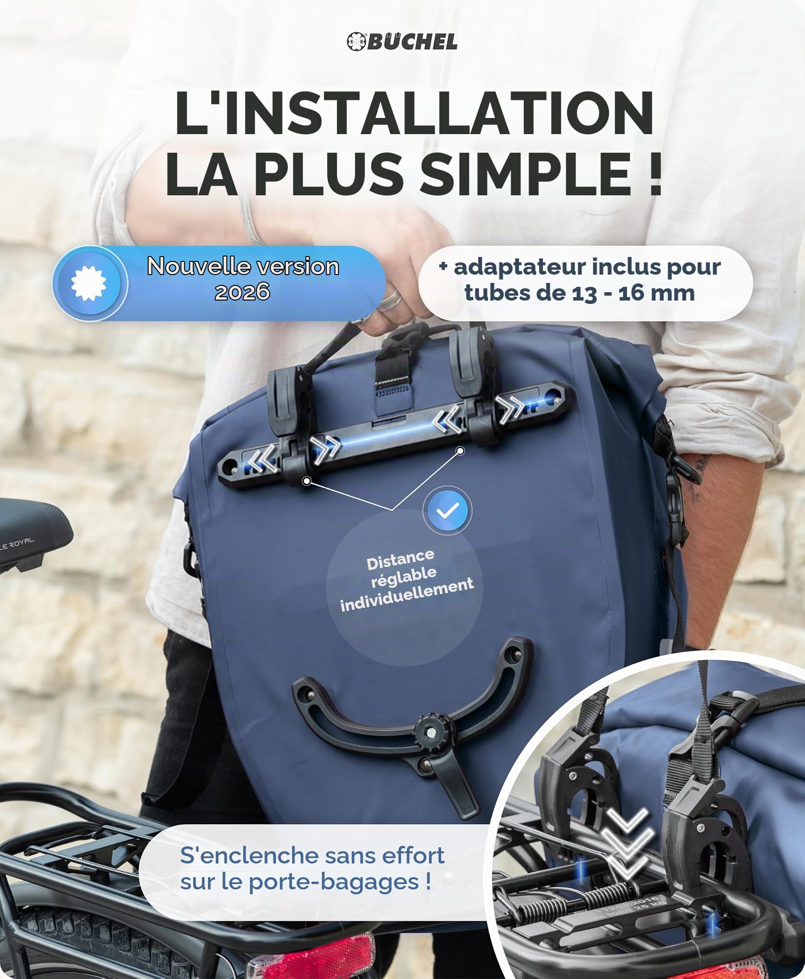 Büchel Sacoche de vélo pour Porte-Bagages, 100% étanche, avec poignée de Transport et bandoulière