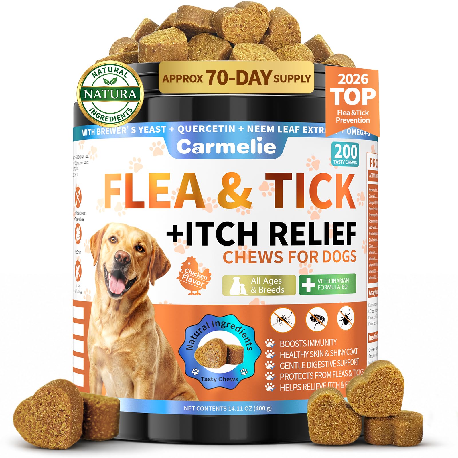 Flea and Tick Support for Dogs, Flea Support for Dogs, Soft Chewables with Skin & Coat, Supplement and Seasonal Skin Comfort, for All Breeds & Ages, Chicken Flavor, 200 Soft Chews