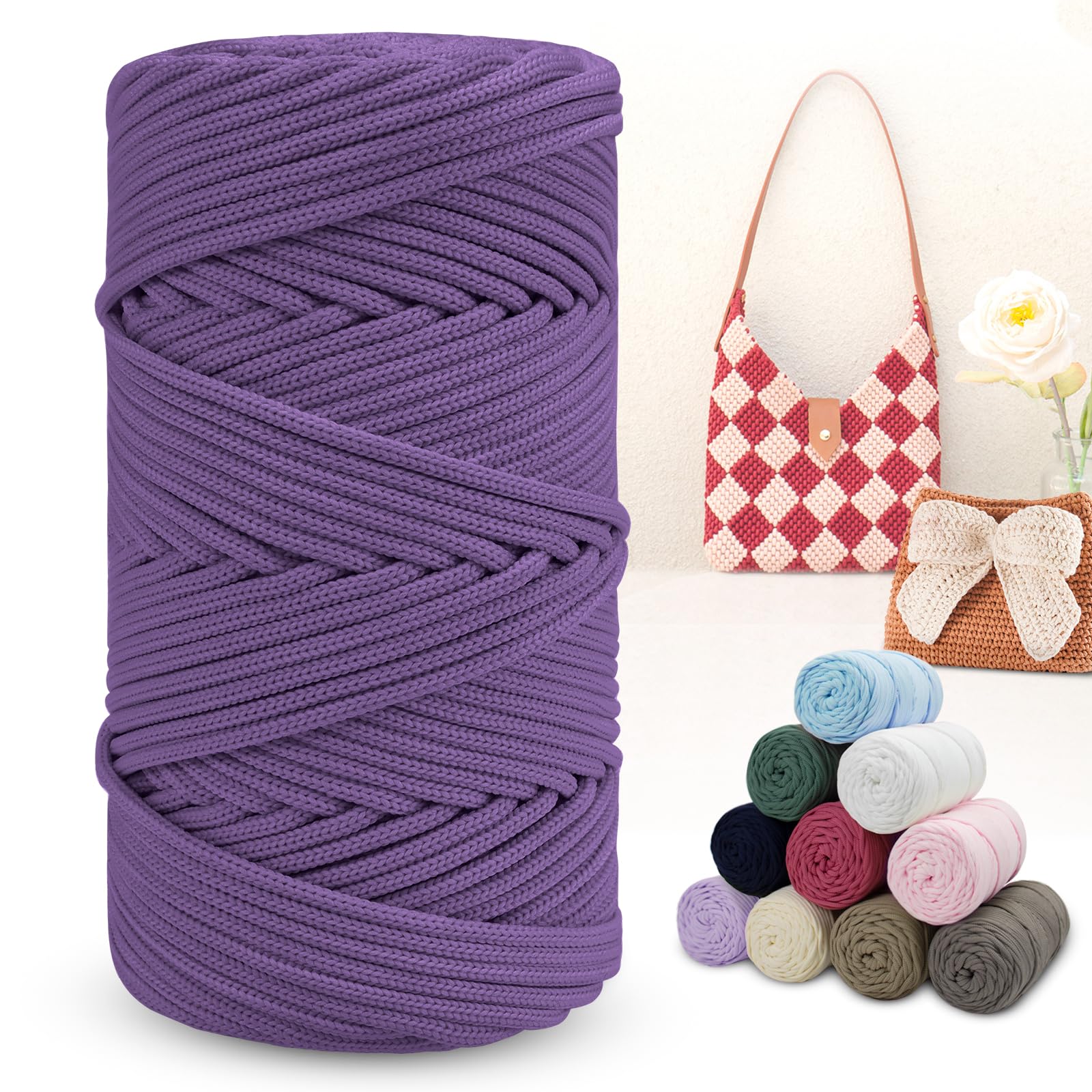 LEREATI Polyester Macrame Cord 4mm x 150m Braided Cord Thick Macrame Rope Yarn Crochet Cord, Polyester Yarn for Crocheting, Bags, Wall Hangers, Rug, DIY Crafts (Medium Purple)