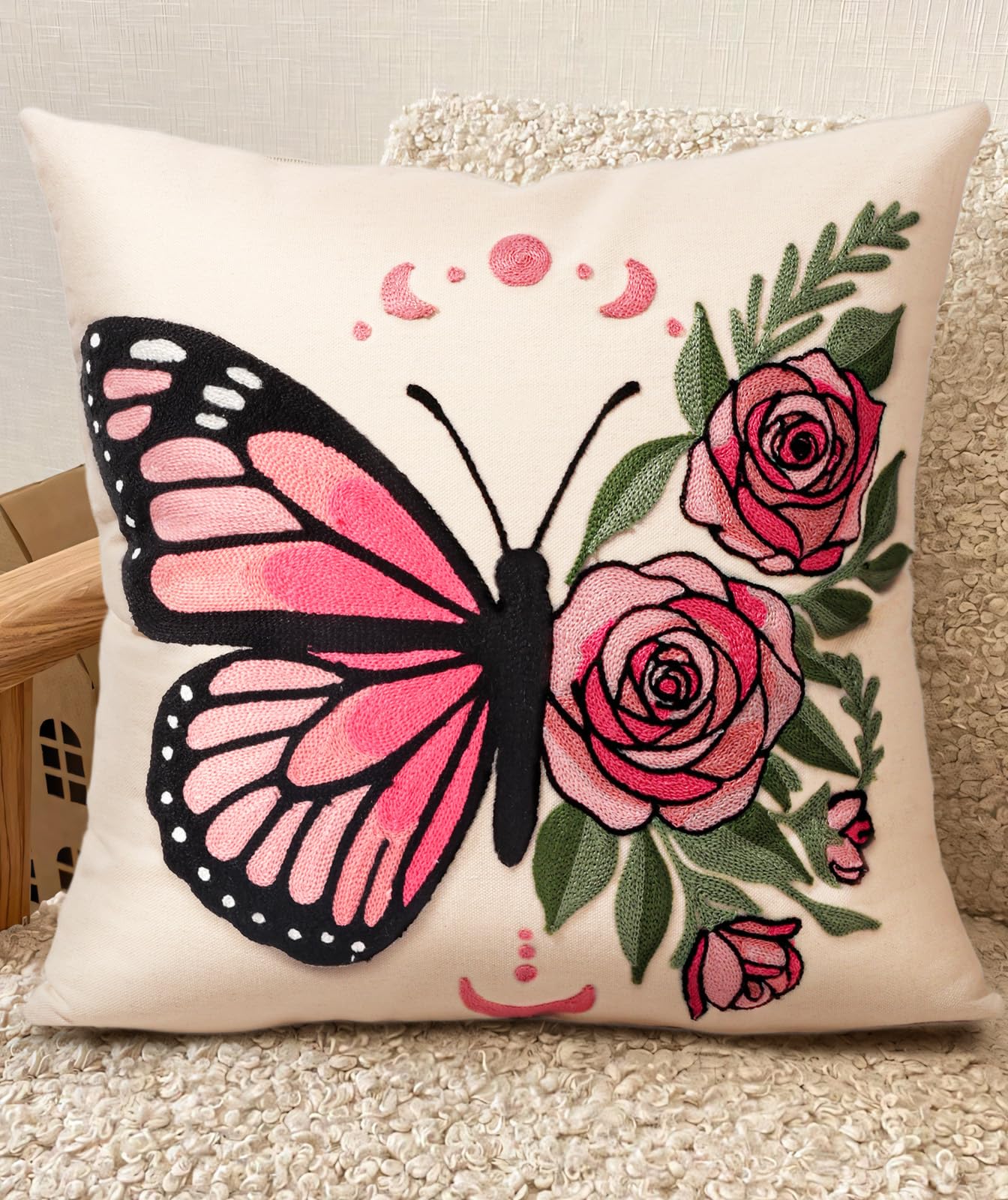 Kokaaee Embroidered Throw Pillow Covers 18x18 Inch - Summer Boho Decorative Pillow Cover with Zipper for Living Room