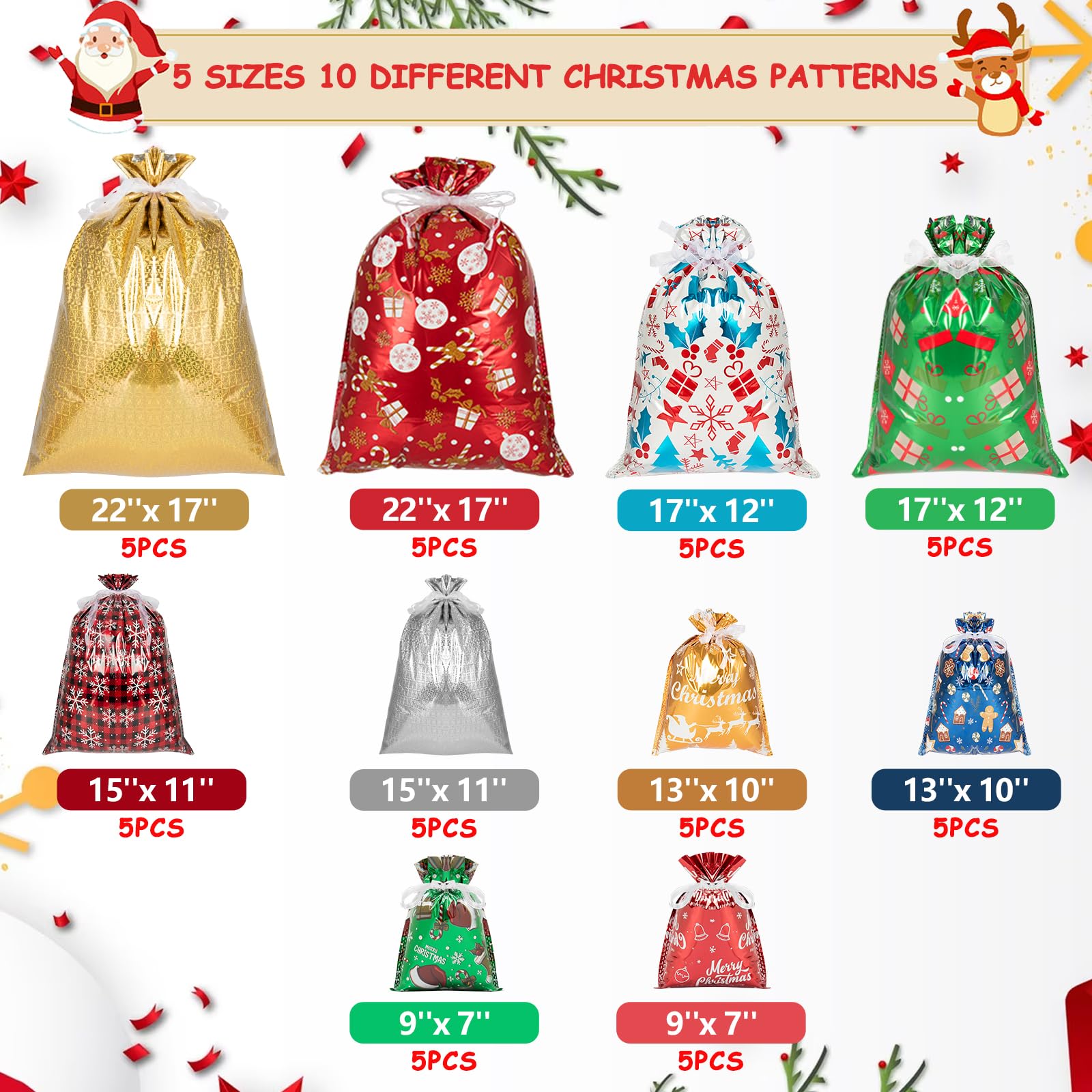 Lousrnman 50PCS Christmas Gift Bags, 50× Large Drawstring Bags for Presents, 60× Kraft Paper Tags and 2× 390in Ribbon Ties, 10× Patterns Holiday Gift Bags in 5× Sizes (Large Jumbo Medium Small)