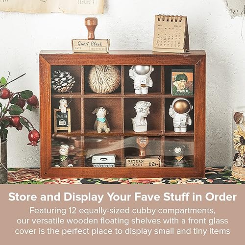 Miniatura 3 de Mini gabinete de madera transparente con 12 ranuras, vitrina de colección - Estantes flotantes de madera para exhibición y decoración del hogar -