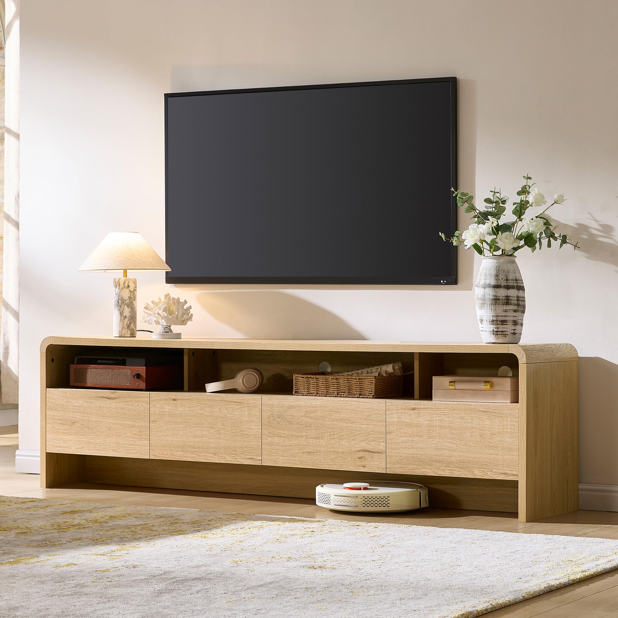 amerlife 70" modern tv stand for tvs up to 80", wood tv console with curved profile design & 2 storage cabinets, media console entertainment center for living room, natural oak(similar)