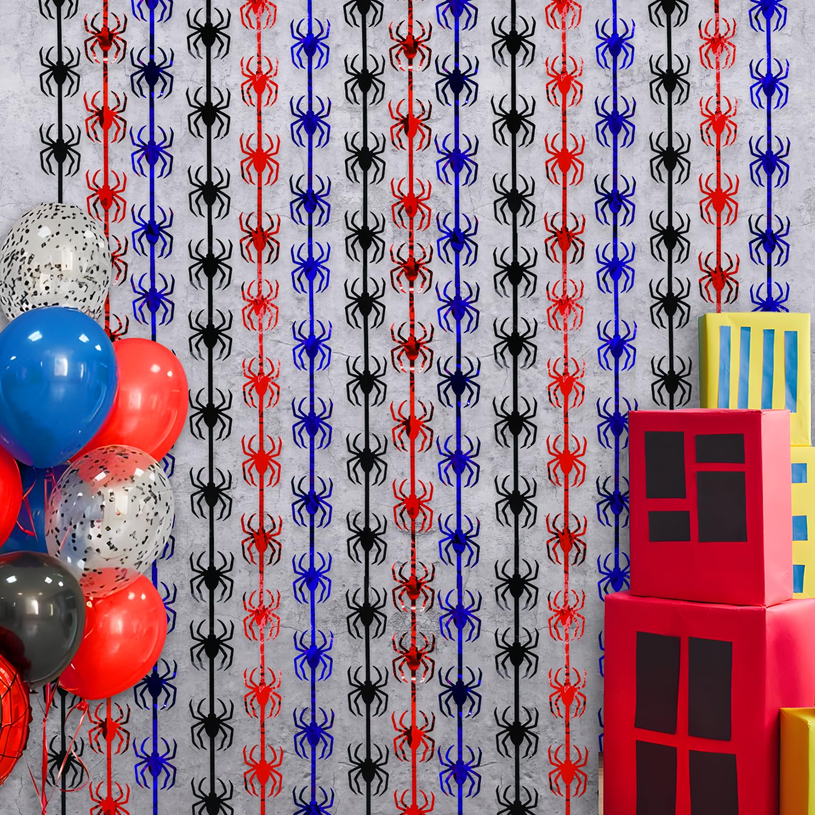 Bupelo Decoraciones de cumpleaños de telaraña, Paquete de 2 Unidades, Suministros de Fiesta de cumpleaños de araña roja, Negra y Azul, 1 x 2 m, Cortinas de Flecos de Papel de Aluminio de oropel para