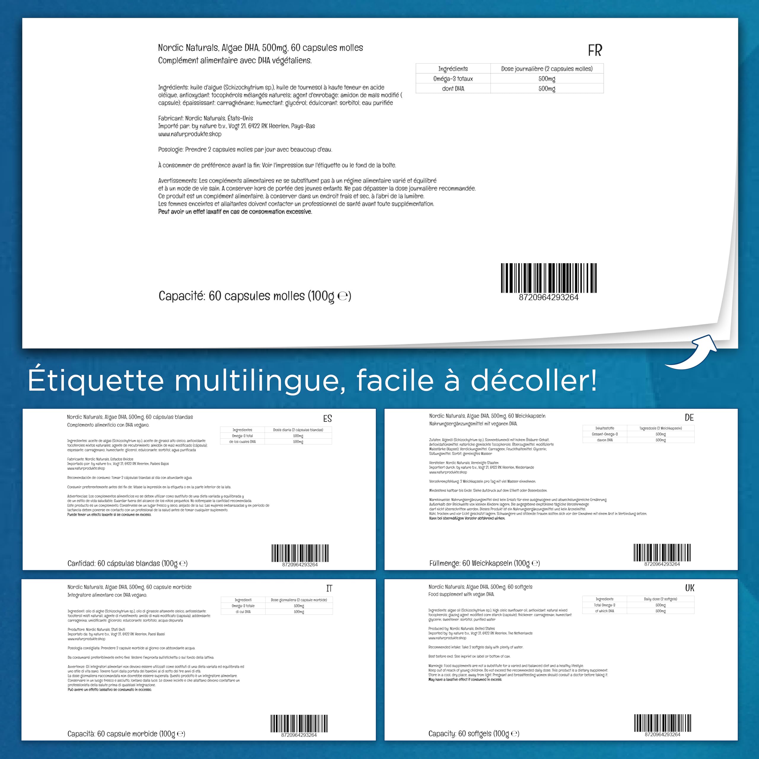 Nordic Naturals, Algae DHA, 500mg de DHA Végétalien à Partir d'Huile d'Algues, 60 Capsules molles végétaliennes, Végétarien, Sans Soja, Sans Gluten, Sans OGM