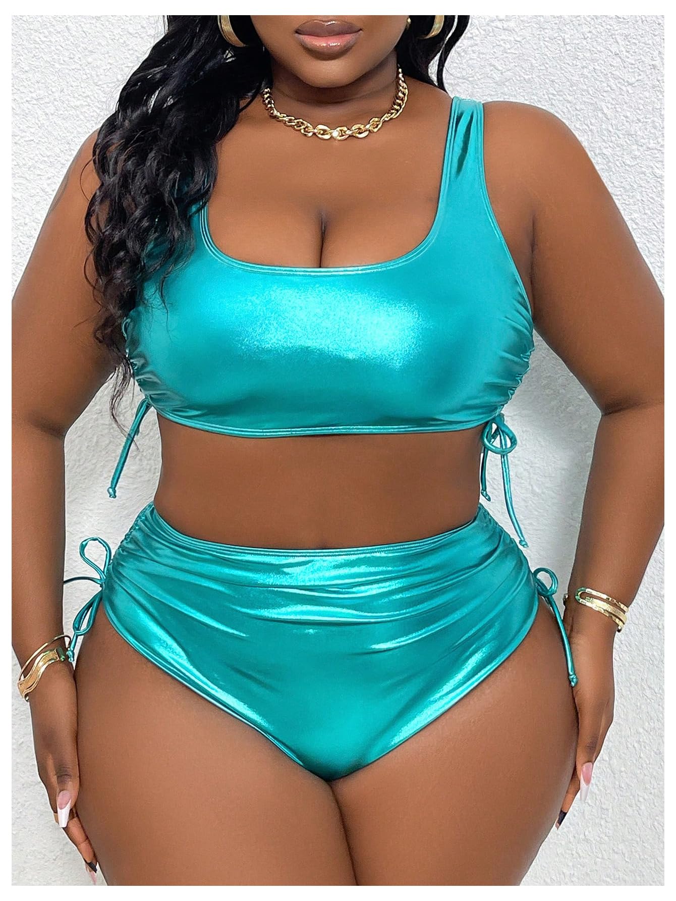 OYOANGLE Conjunto de bikini metálico con cuello redondo para mujer, talla grande, con cordón, fruncido, ropa de playa