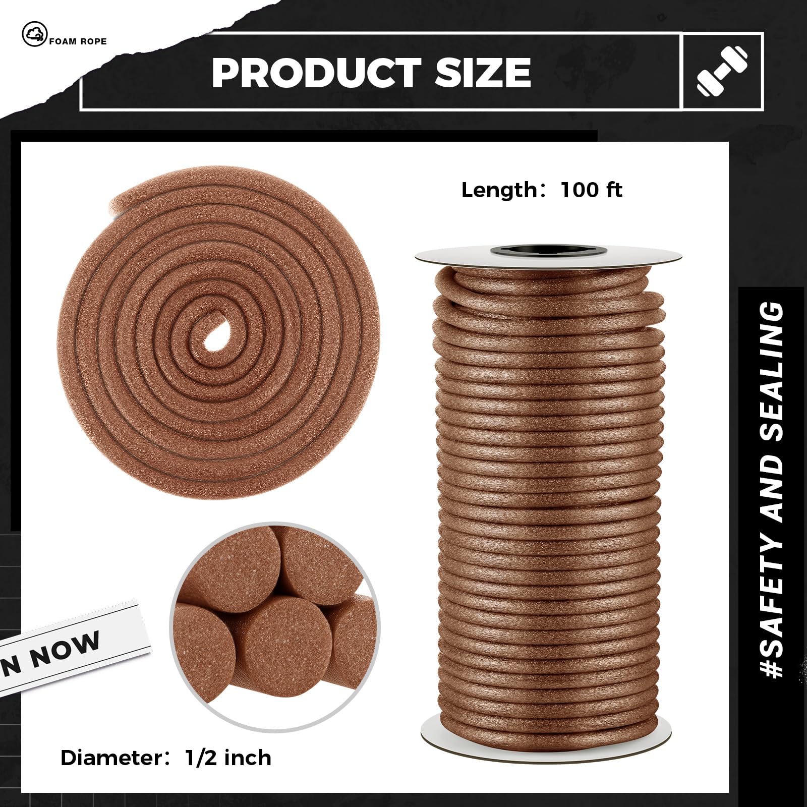 MotiMind Tige d'appui en mousse de 1,27 cm x 30,5 m pour interstices, joints, mastic de mastic - Corde de remplissage en béton pour joint de porte (marron)