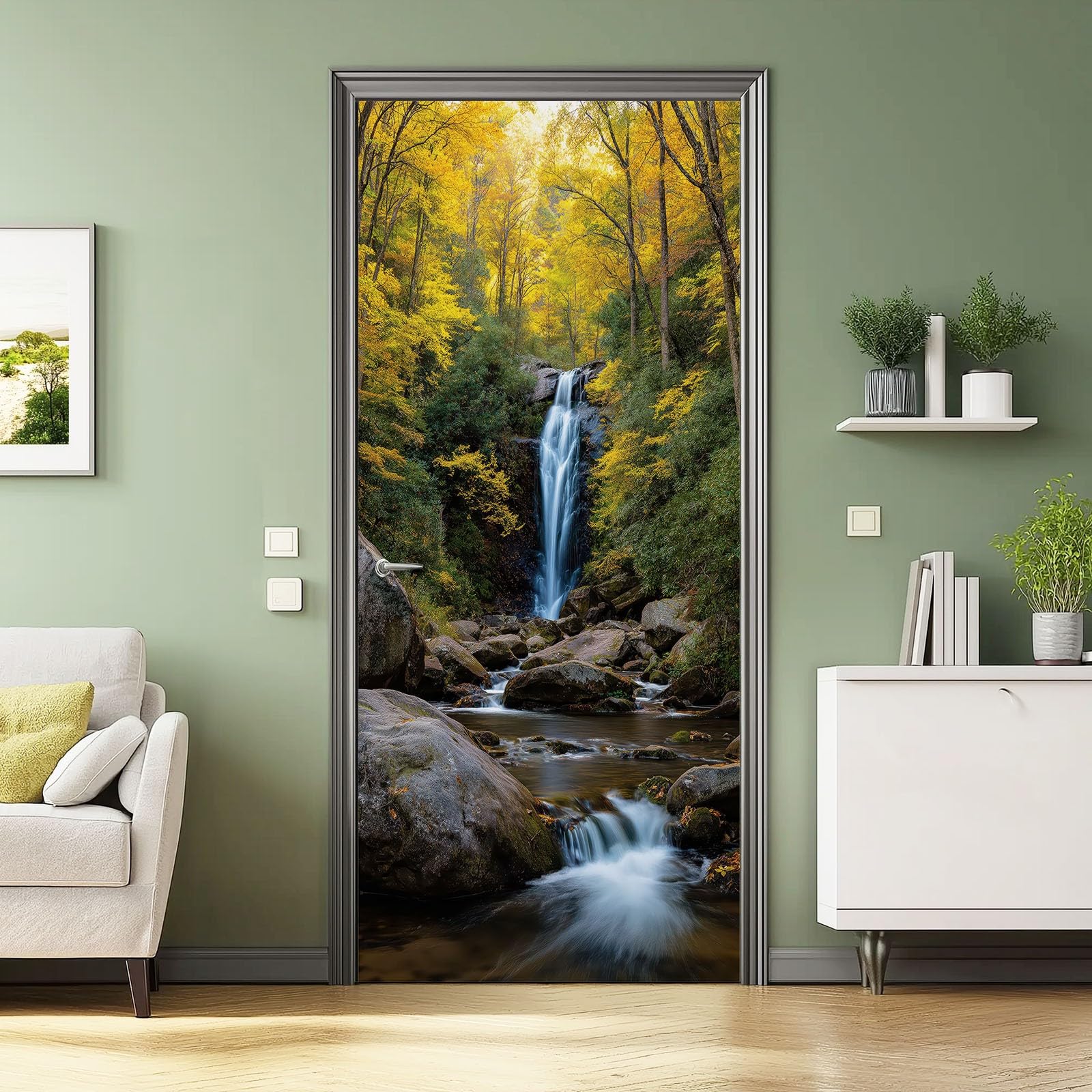 Samoprzylepna naklejka na drzwi, 95 x 215 cm, wodoodporna, do sypialni, dla chłopców, dziewcząt, do sypialni, lasu, wodospadu, skały, strumień, usuwalna tapeta, dekoracja, 2 szt