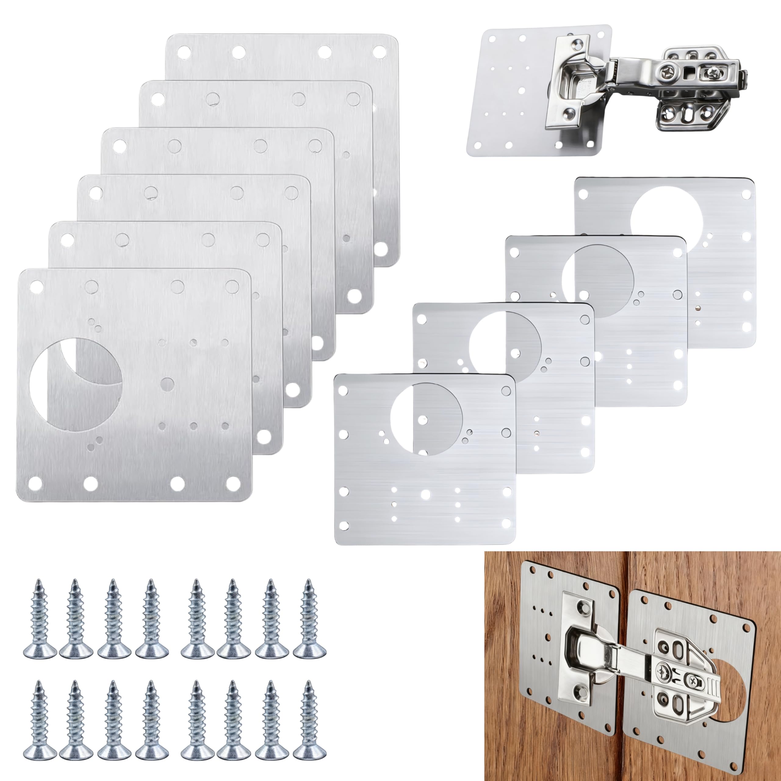 14PCS Hinge Repair Plate Kit with Screws, Stainless Steel Cabinet Hinge Repair Plate for Kitchen Cupboard Doors, Compatible with Most Hinges