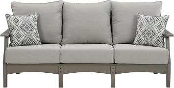 Signature Design by Ashley Visola 80W 3-Seat Outdoor Patio Sofa, HDPE Wood Look, Couch with Performance Cushions for Deck Furniture, Gray