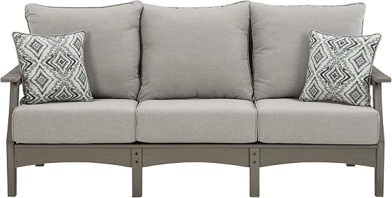Signature Design by Ashley Visola 80W 3-Seat Outdoor Patio Sofa, HDPE Wood Look, Couch with Performance Cushions for Deck Furniture, Gray