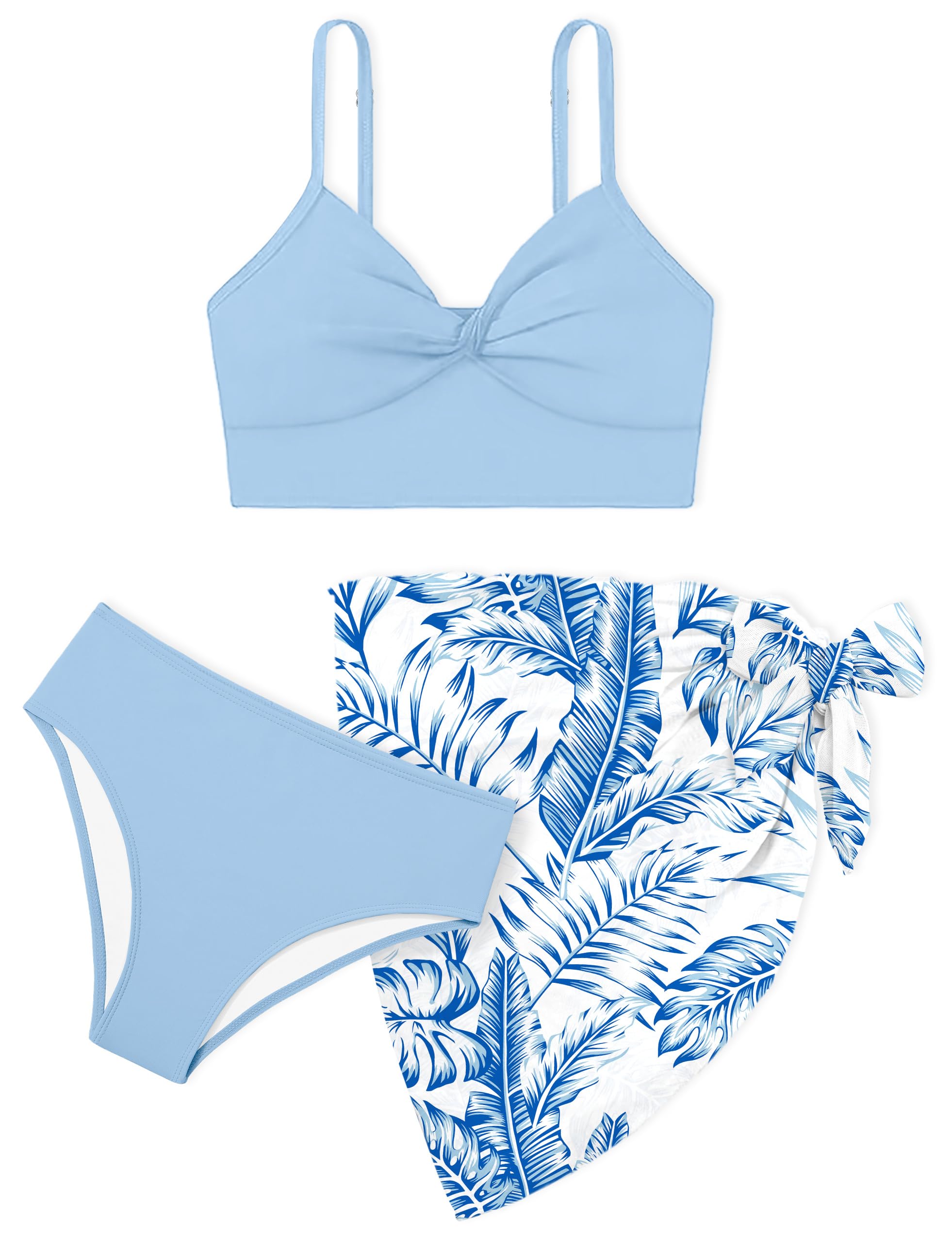 Girls Swimsuit Double Strap High Waist Sporty Bikini Swimsuits Swim Cover Up Skirt 3 Piece Set